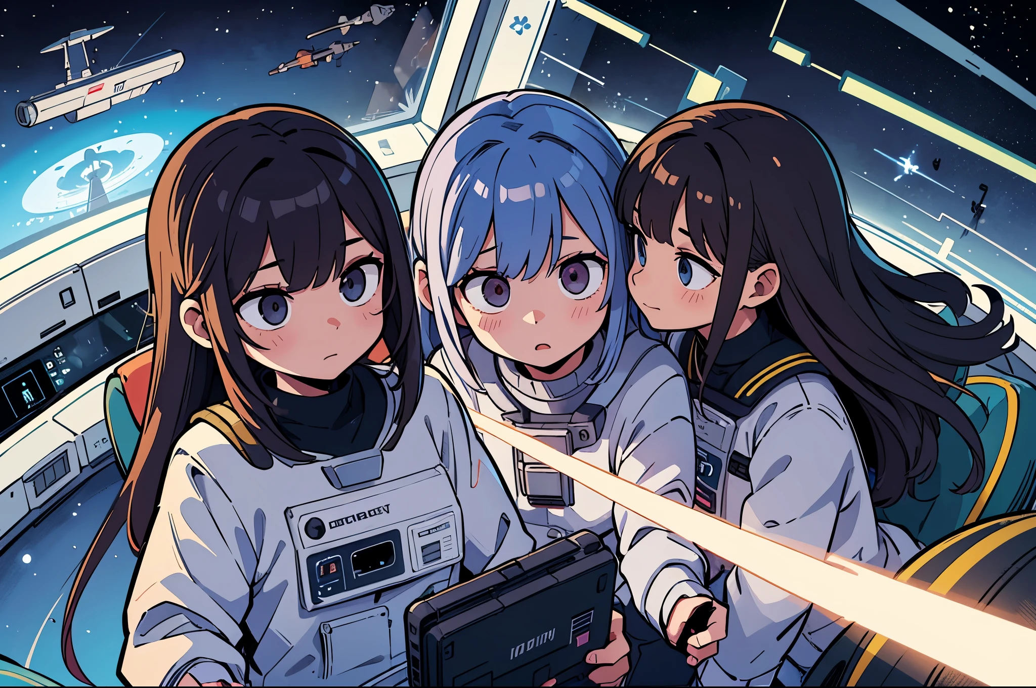 Girl, science fiction, uniform, spaceship, yuri, cute, action, adventure, futuristic setting, space travel, young heroine, interstellar journey, , galactic adventure, romantic subplot, action-packed, space opera, adorable, sci-fi technology, dynamic storytelling.