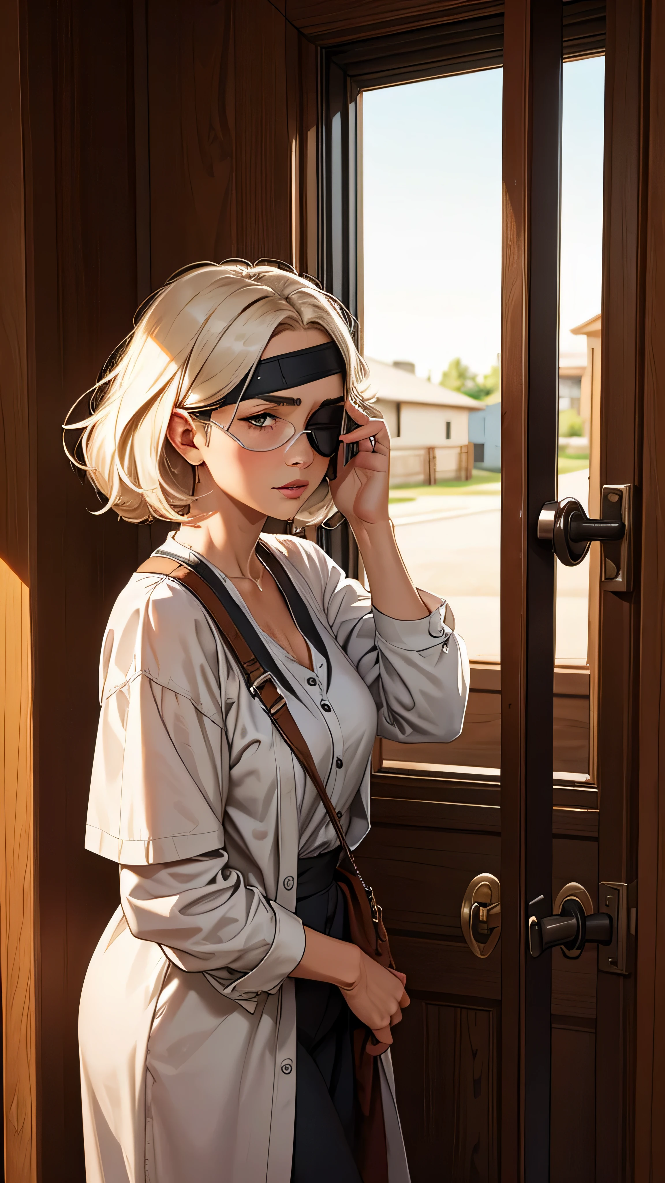 An old women with a eye patch covering her right eyes apologizing to someone at the house entrance door