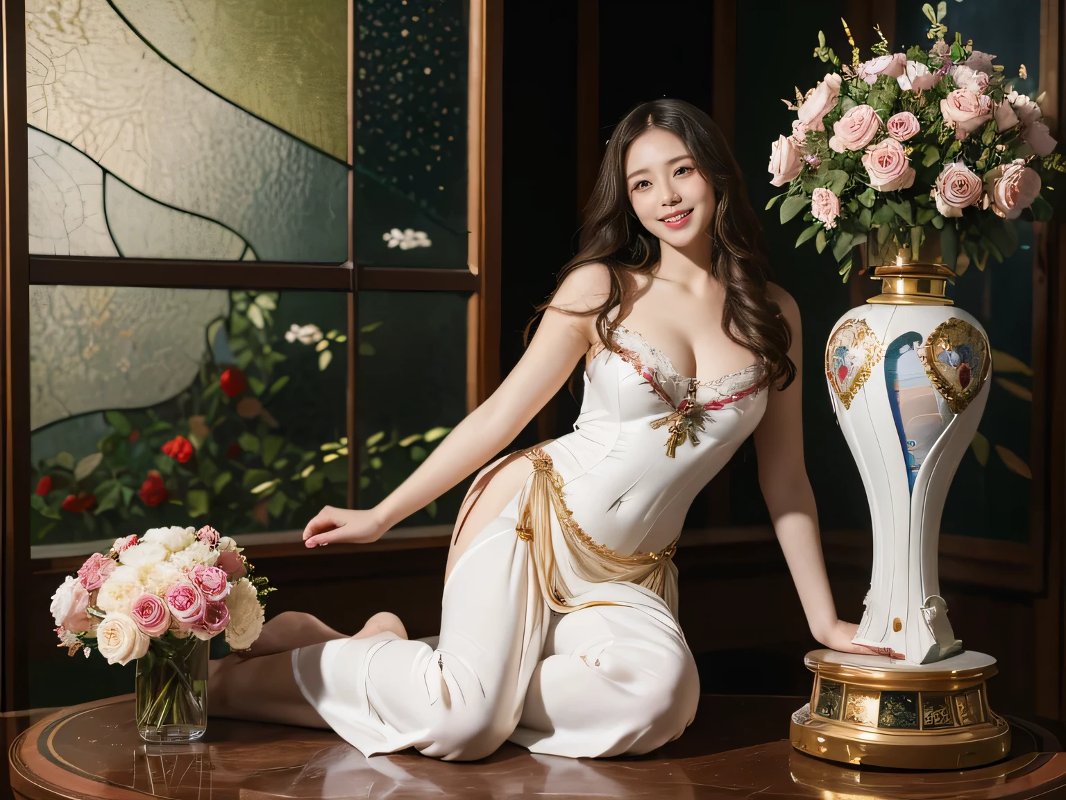 full body portrait or statue、Stained glass、Vigée Leblanc style、math、astronomical machine、astronaut、roses in vase、fruit、Cute trinkets、smile、ancient greek costume、Sandro Botticelli paintings、Costume that stretches your shoulders、A big smile、expression of ecstasy、sexy、beautiful bare skin、Detailed representation of the seducing woman throughout the body