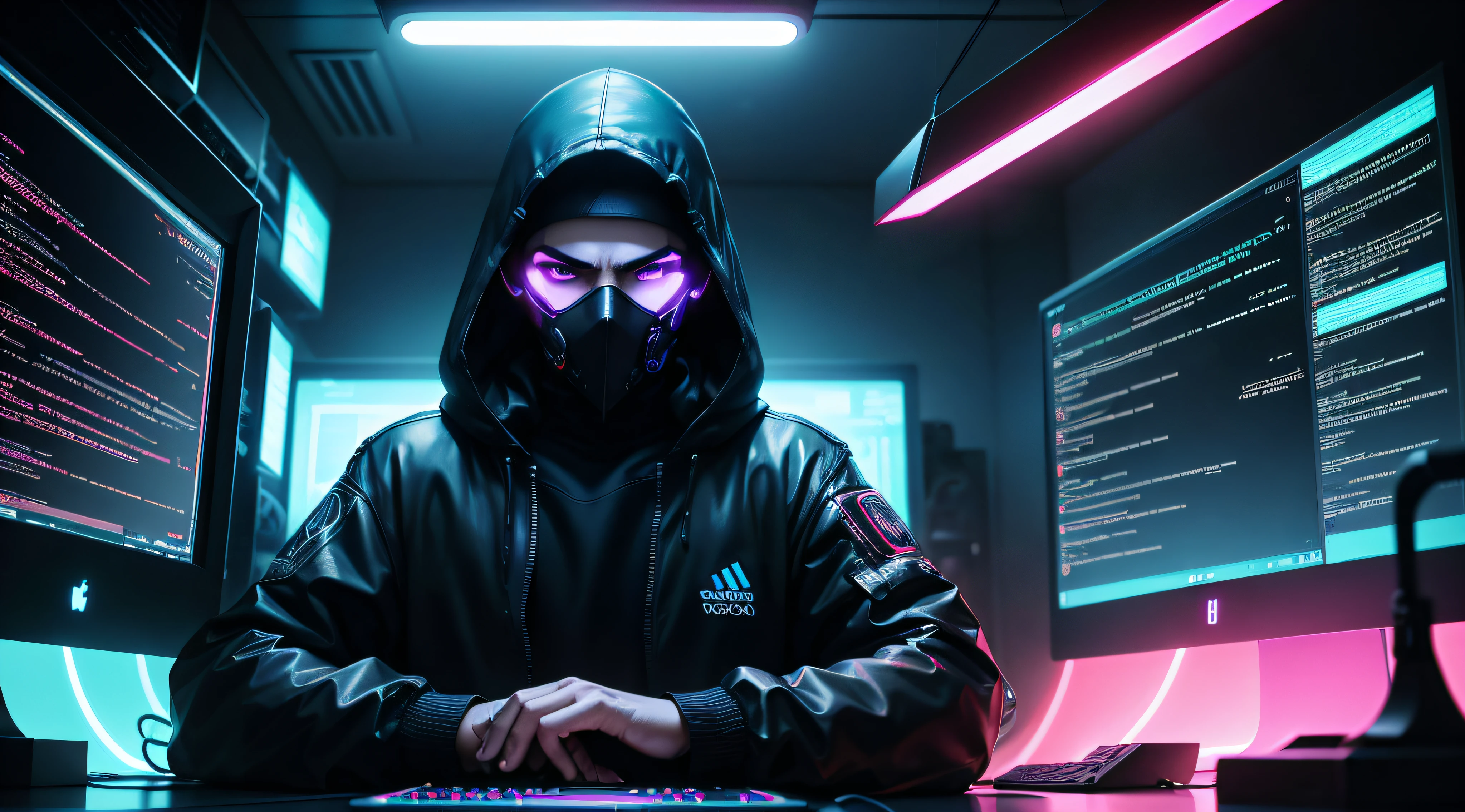 A hacker with a mask on his face dressed in black in front of a computer, com uma luz de fundo ardente (best quality, ultra-detalhado), Cyberpunk, cores escuras, dramatic lighting, arte digital, Futuristic, foco intenso, teclado brilhante, code running on the screen, aesthetics hacker, atmosfera intensa, sombras e realces, Atmosfera misteriosa, alto contraste, Electric blue details, smoke effects, neon signs, Tecnologia, olhar intenso, ambiente de suspense, reflexo na tela, profissional, energia intensa.