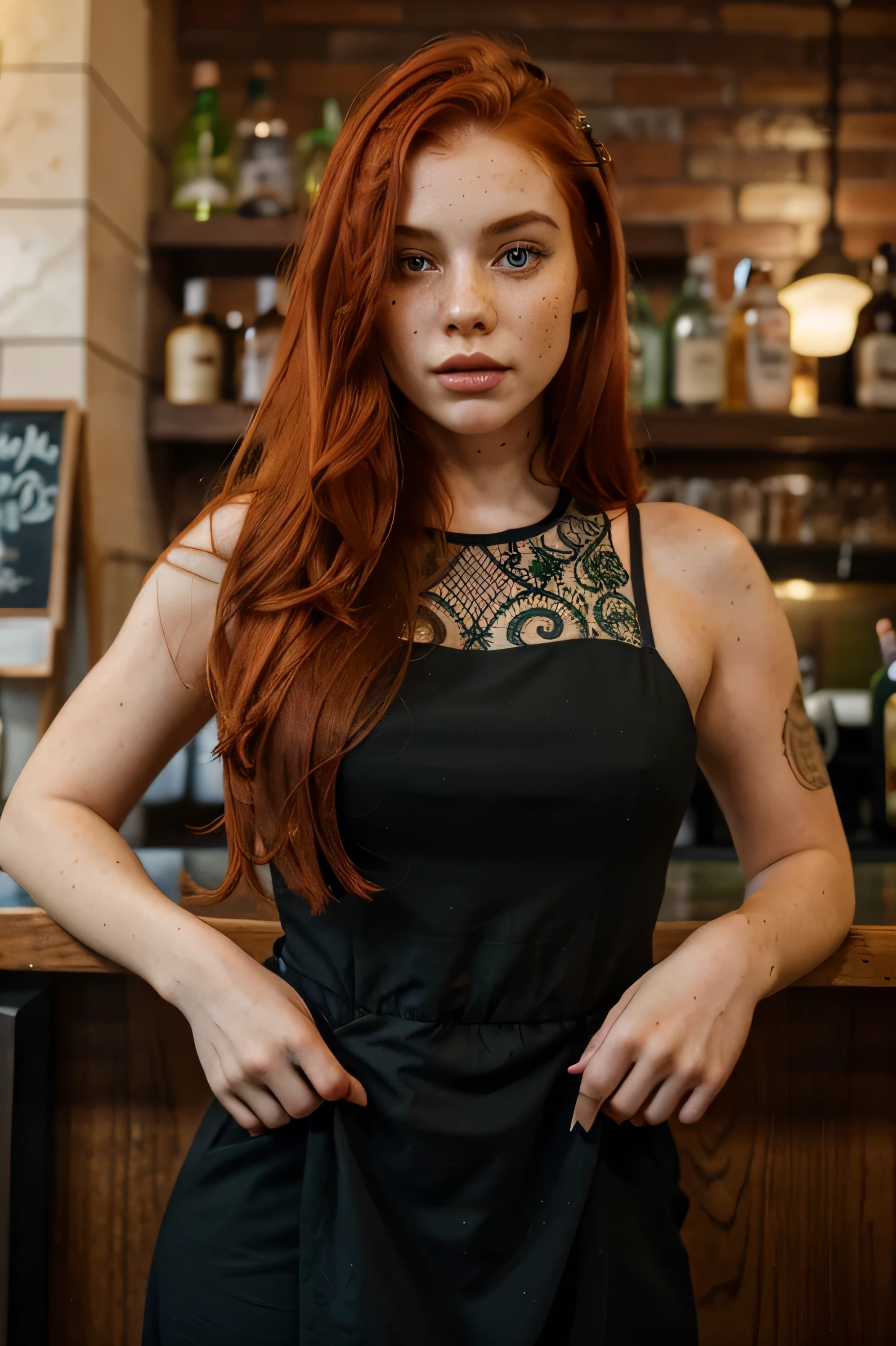 Redhead model , is called Elena Fernades, light blue eyes, short black skirt, white top, sitting in a street cafe with a light blonde friend, with long hair, both drink a coffee and look at the street and smile.