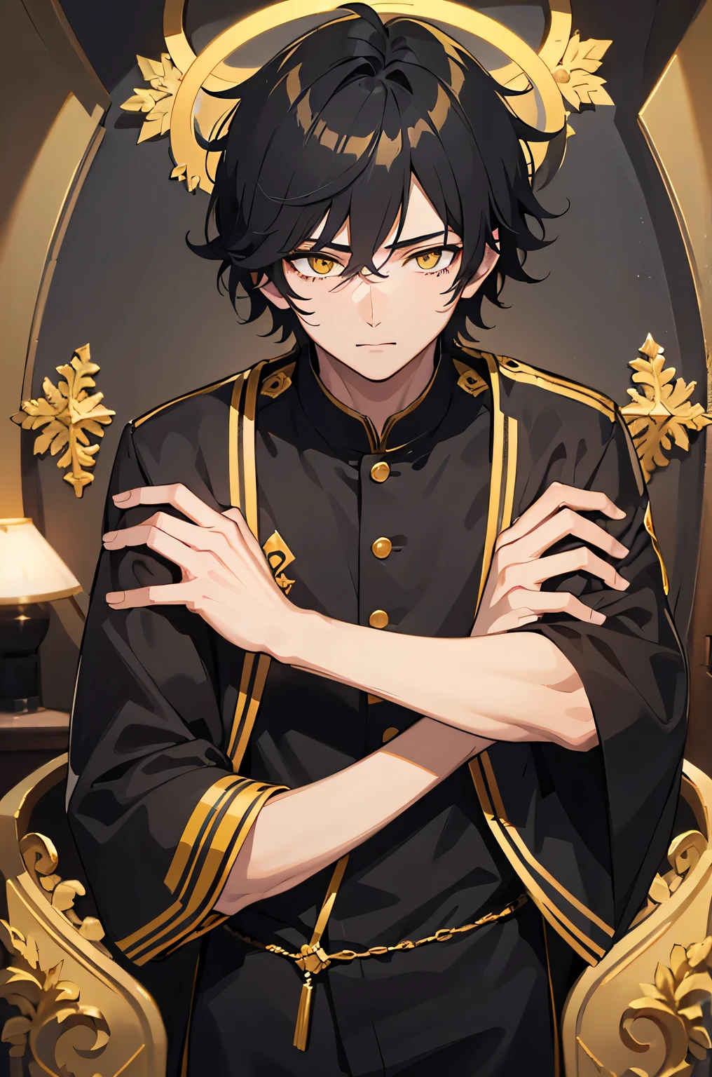 1boy, Young Man, Handsome, Cute, Black Hair, Messy Hair, Short Hair, Yellow Eyes, Halo, Black and Gold Student Council Uniform