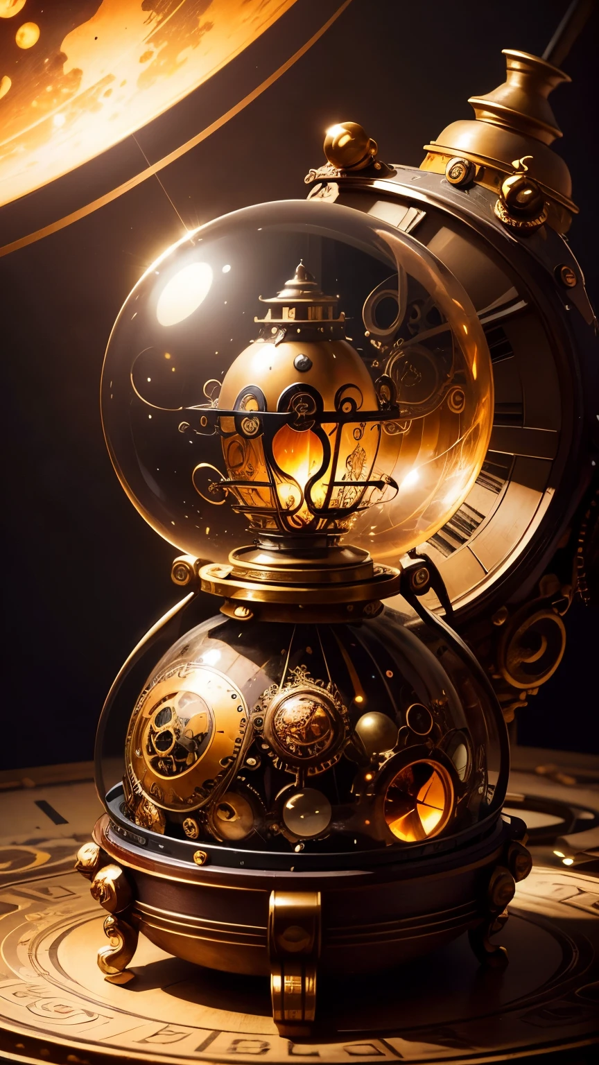 steampunkai。highest quality。masterpiece。detailed details。A celestial body in a steampunk hourglass。It has a beautiful ring like Saturn。on a cluttered table。
