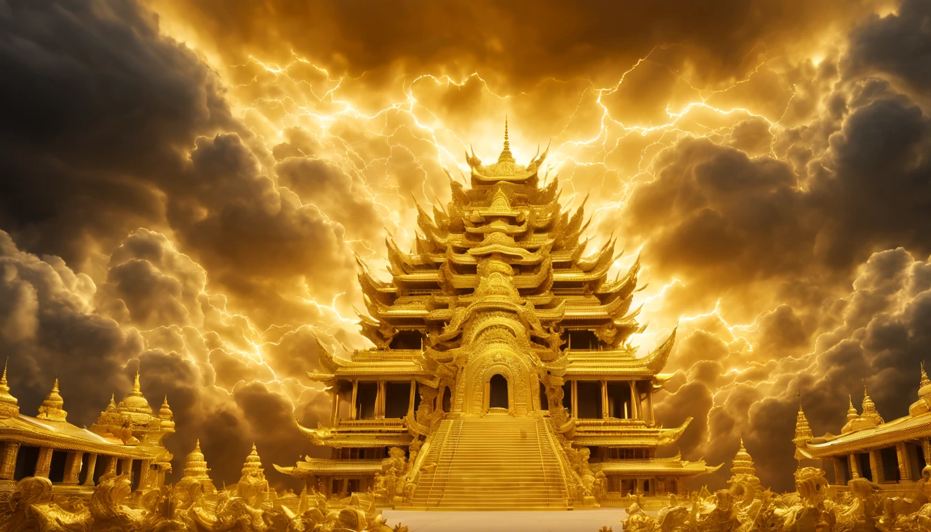 a thick tall luxury gold ,giant temple, square shape, wide view consisit of valluable  in the middle of golden cloud full of shine thunder and striking thunder, dramatic scenario in heaven