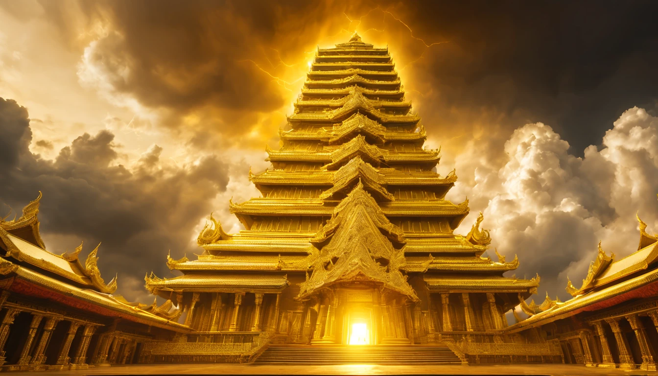 a thick tall luxury gold ,giant temple, square shape, wide view consisit of valluable  in the middle of golden cloud full of shine thunder and striking thunder, dramatic scenario in heaven