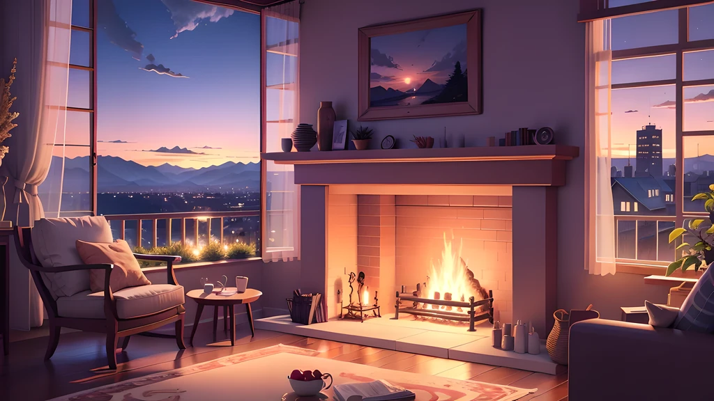 Living room fireplace with beautiful views, cozy wallpaper, Cozy home background, cozy atmosphere, cozy environment, warm and beautiful scenery, Cozy place, relaxing concept art, cozy atmosphere, Cozy living room background, Anime background art, cozy room, beautiful anime scene, Cozy and calm, Irori fireplace, warm living room, interior background art, warm interior