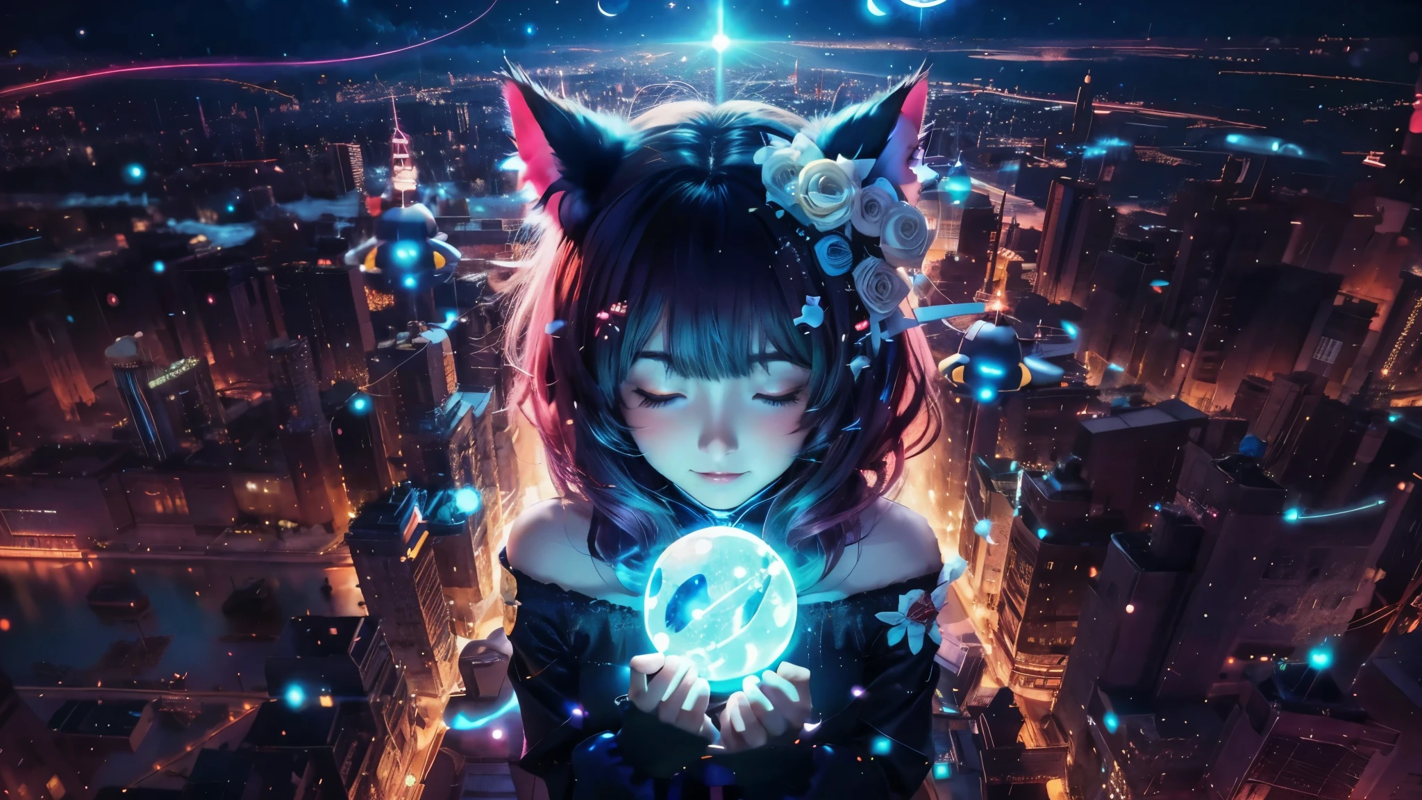 Anime cat-eared girl with glowing eyes holding a glowing ball in her hand, anime art wallpaper 4k, A drone is flying in the sky, night city, anime wallpaper 4k, anime wallpaper 4k, 4k anime wallpaper, anime art wallpaper 8k, Beautiful anime cat girl, Beeple and Jeremiah Ketner, anime style. 8K