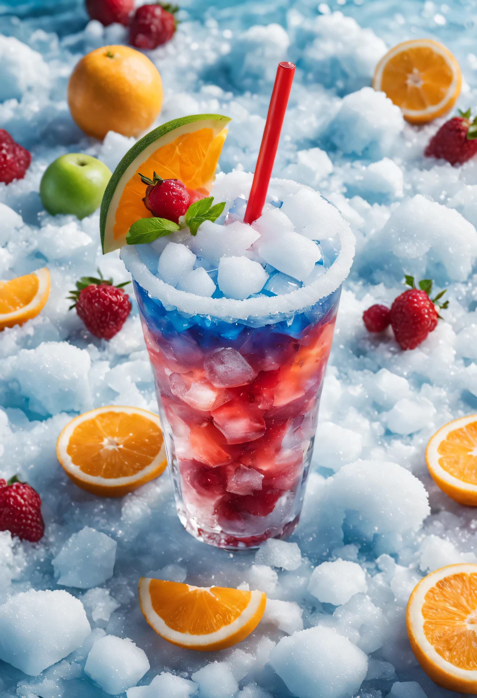 HD，masterpiece，official art aesthetic：cold drink，drinking straw，frozen texture,snow,ice cold,cold,Crystal ice,summer,Delicious fruits,color layout,Crushed ice,Refreshing
