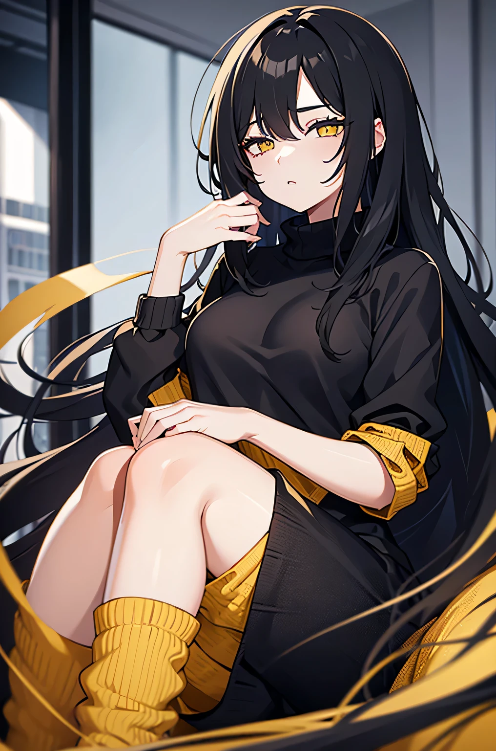 1girl, black hair, long hair, messy hair, gold eyes, narrow eyes, beautiful, mature body, black sweater, yellow pants