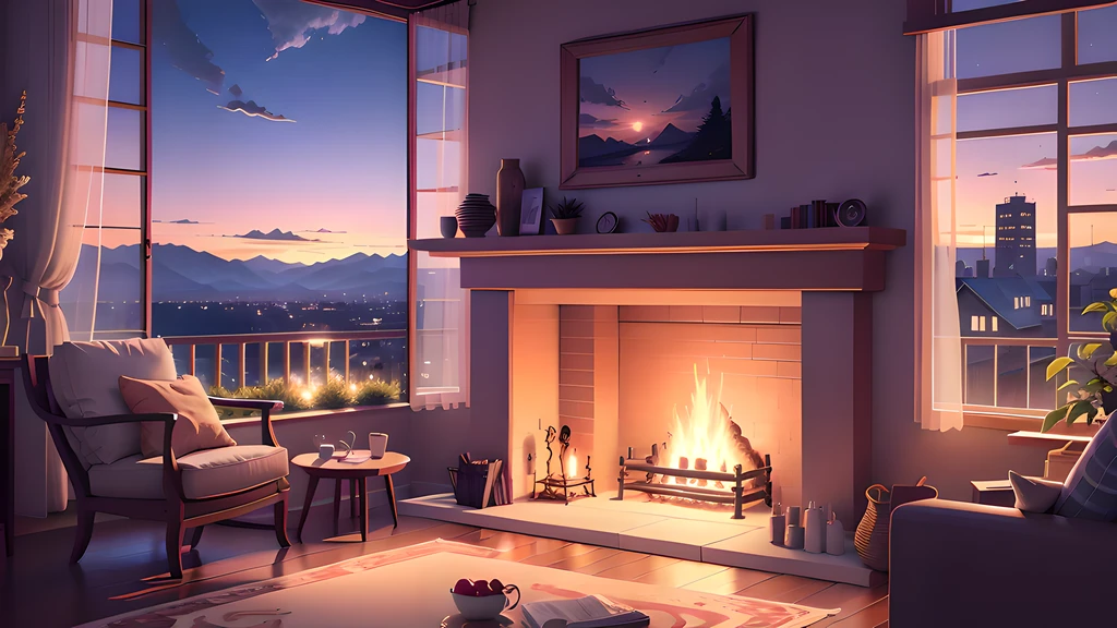 Living room fireplace with beautiful views, cozy wallpaper, Cozy home background, cozy atmosphere, cozy environment, warm and beautiful scenery, Cozy place, relaxing concept art, cozy atmosphere, Cozy living room background, Anime background art, cozy room, beautiful anime scene, Cozy and calm, Irori fireplace, warm living room, interior background art, warm interior