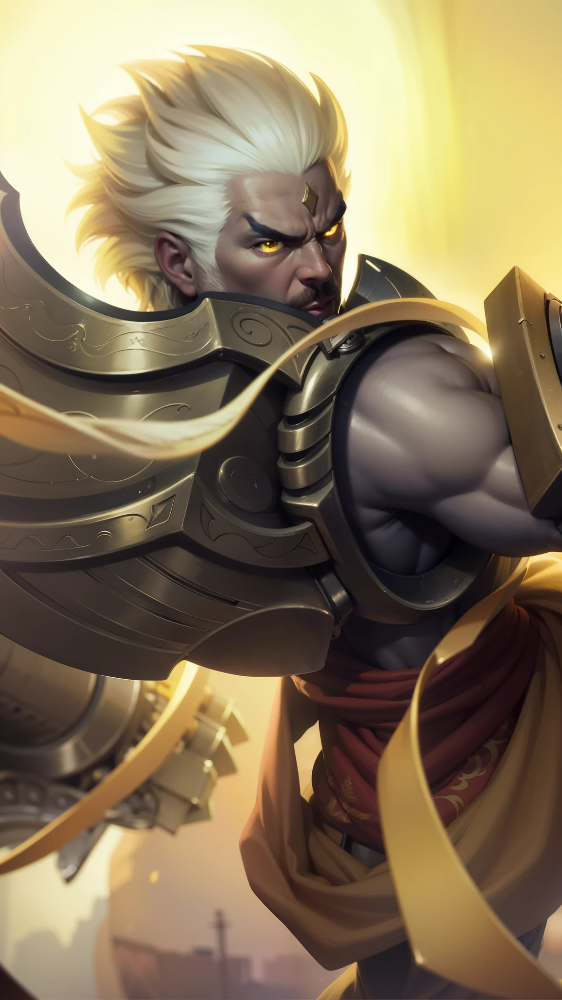 a close up of a man with a helmet on holding a sword, gatotkaca, young handsome, angry, masterpeace, 8K quality, High resolution, super detail, realistic, Raw photo, yellow eyes, white hair.