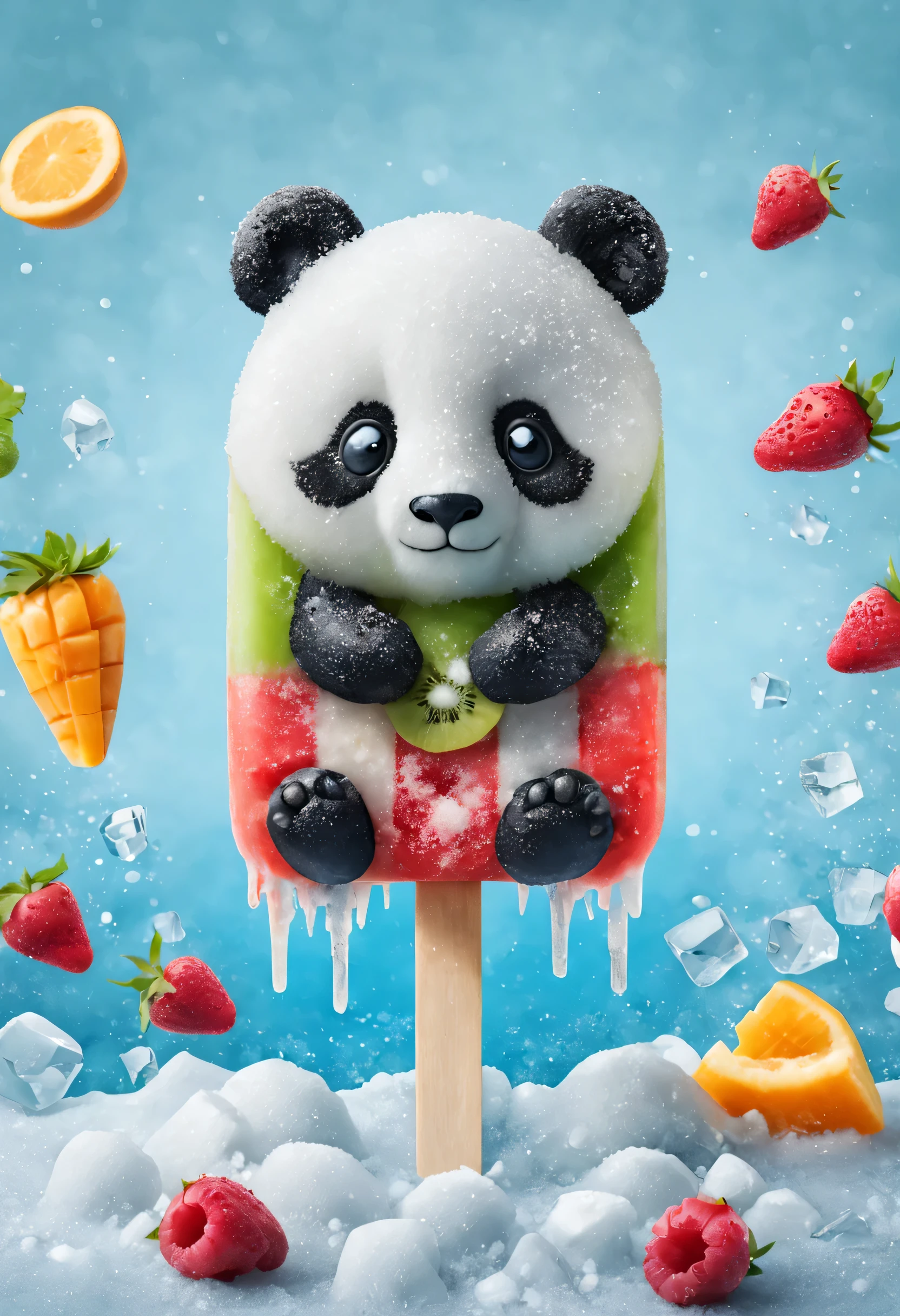 Cartoon Panda Fruit Popsicle，Cute creative popsicles，frozen texture,snow,ice cold,cold,Crystal ice,summer,Delicious fruits,color layout,Crushed ice,Refreshing
