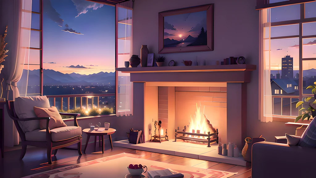Living room fireplace with beautiful views, cozy wallpaper, Cozy home background, cozy atmosphere, cozy environment, warm and beautiful scenery, Cozy place, relaxing concept art, cozy atmosphere, Cozy living room background, Anime background art, cozy room, beautiful anime scene, Cozy and calm, Irori fireplace, warm living room, interior background art, warm interior