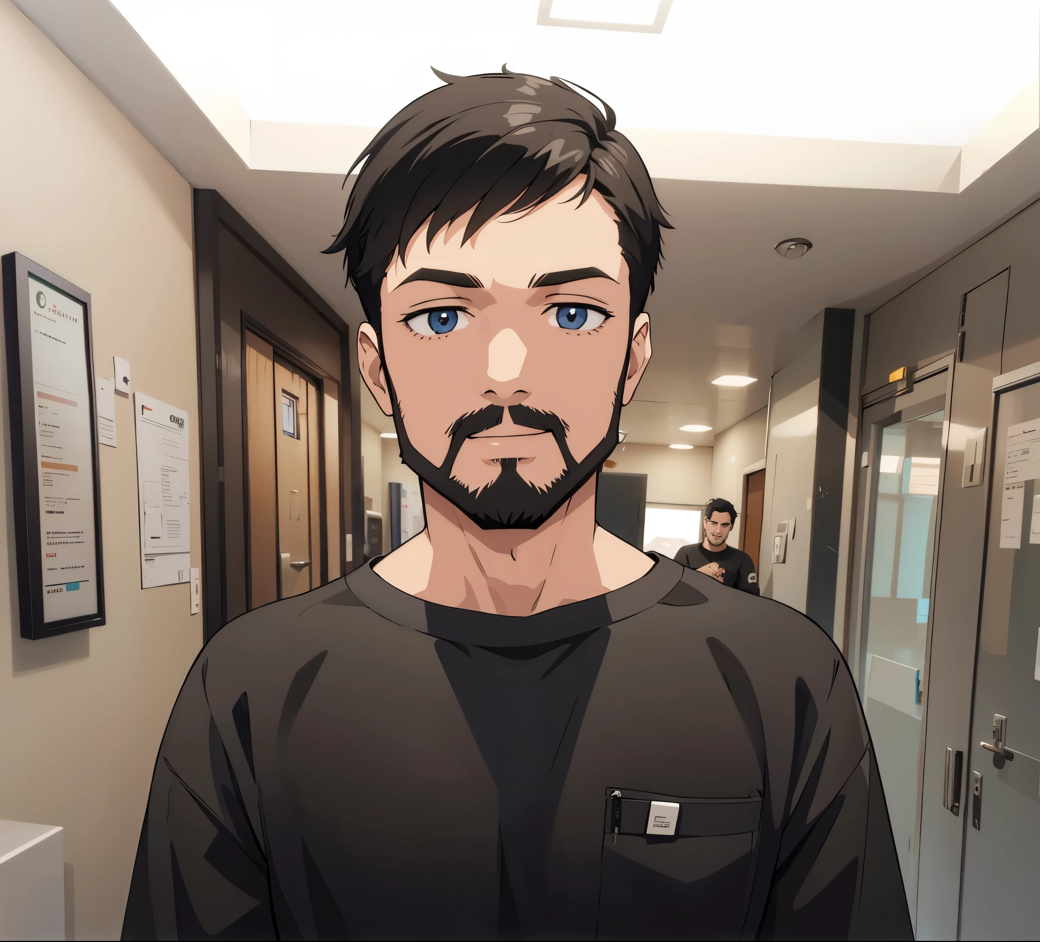 Man with black hair. Beard, and black shirt. Smiling.