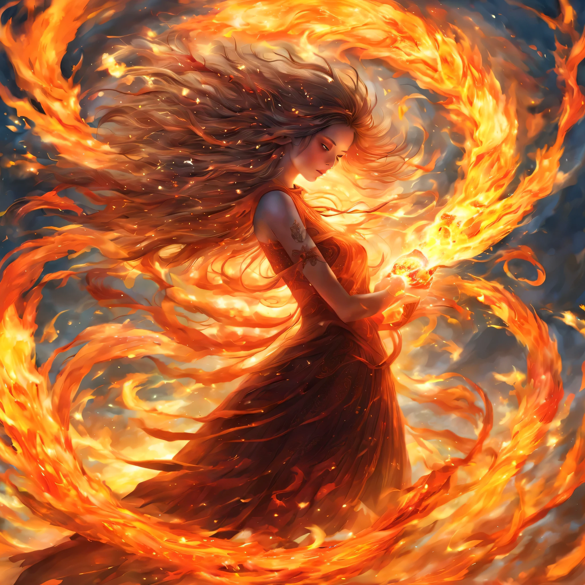 (masterpiece, highest quality:1.2), 1 girl, alone,Fire Spirit