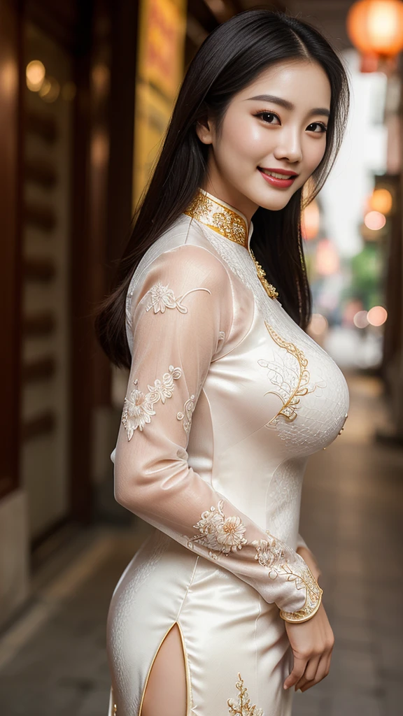 (masutepiece:1.3),(8K,photographrealistic,Raw photography,top-quality: 1.4),(Ultra-realistic capture),(Highly detailed),(High resolution 16k close-up of human skin),(Skin texture must be natural),(Detailed enough to finely identify pores), (Skin should look healthy), (In a uniform tone), (super definition),(Anatomically correct),((1girl in,Solo)),((Shooting for one person only)),Beautiful expression,(Realistic face),Korean model(A dark-haired,Center division,long:1.3),Chinese models(A dark-haired,Center division,long:1.3),More Korean than Chinese,Realistic eyes,Beautiful details,Beautiful skins,A charming smile,超A high resolution,(Hyper-realistic),Anatomically correct,Textured skin,Sharp jawline,Perfect proportions ,(Plump bust),Necklace,(Vietnamese national costume), Vietnam Night City, Background is downtown Vietnam at night, ((full_Body)), ((National customs Ao Dai)), ( White color),Ao Dai seen through underwear, (long hem), Hanoi City, (showing your whole body), (Ao dai with embroidery),(SFW:1.5),((full body view,full body photo,Full Body):1.5),(cute face:1.2),(huge breasts:1.5),(medium heels:1.2),(big hips:1.2),(medium thighs:1.2),(soft makeup:1.3),(Exquisite and perfect facial features:1.2),(Precise and perfect human anatomy:1.2),(Smooth skin texture:1.2),(Very detailed face and skin texture:1.2),(Beautiful face:1.4),(blush red lips:1.2),(very detailed beautiful hair:1.4),(smile:1.3),(closed mouth:1.2),(natural color lips:1.2),(Shiny and textured lips:1.2),(Exquisite and perfect facial features:1.2),(Low flash:1.2),(Sharp Focus:1.2),(Front lighting:1.3),(looking at the camera:1.3)..