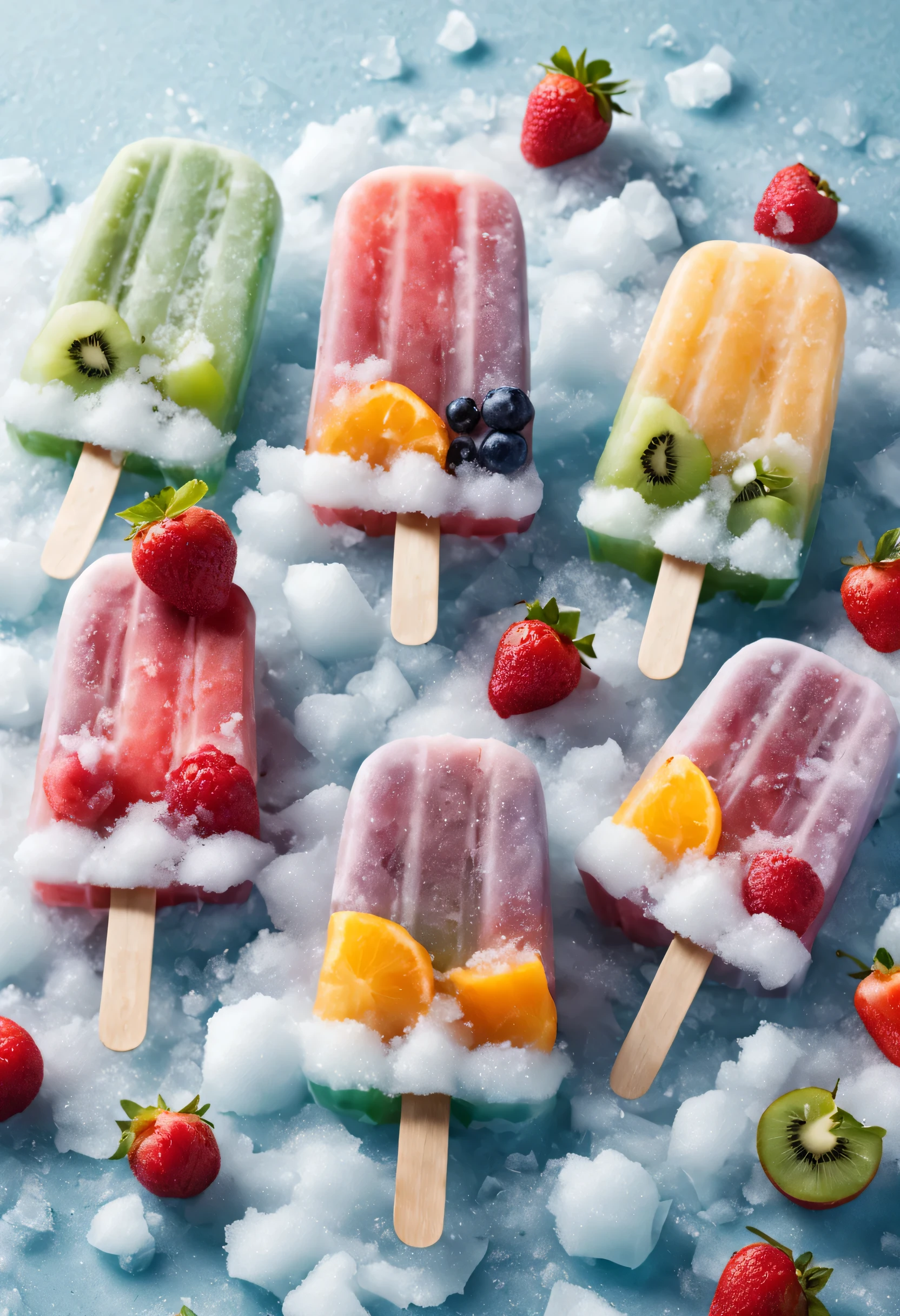 HD，masterpiece，official art aesthetic：fruit popsicles，Cute creative popsicles，frozen texture,snow,ice cold,cold,Crystal ice,summer,Delicious fruits,color layout,Crushed ice,Refreshing
