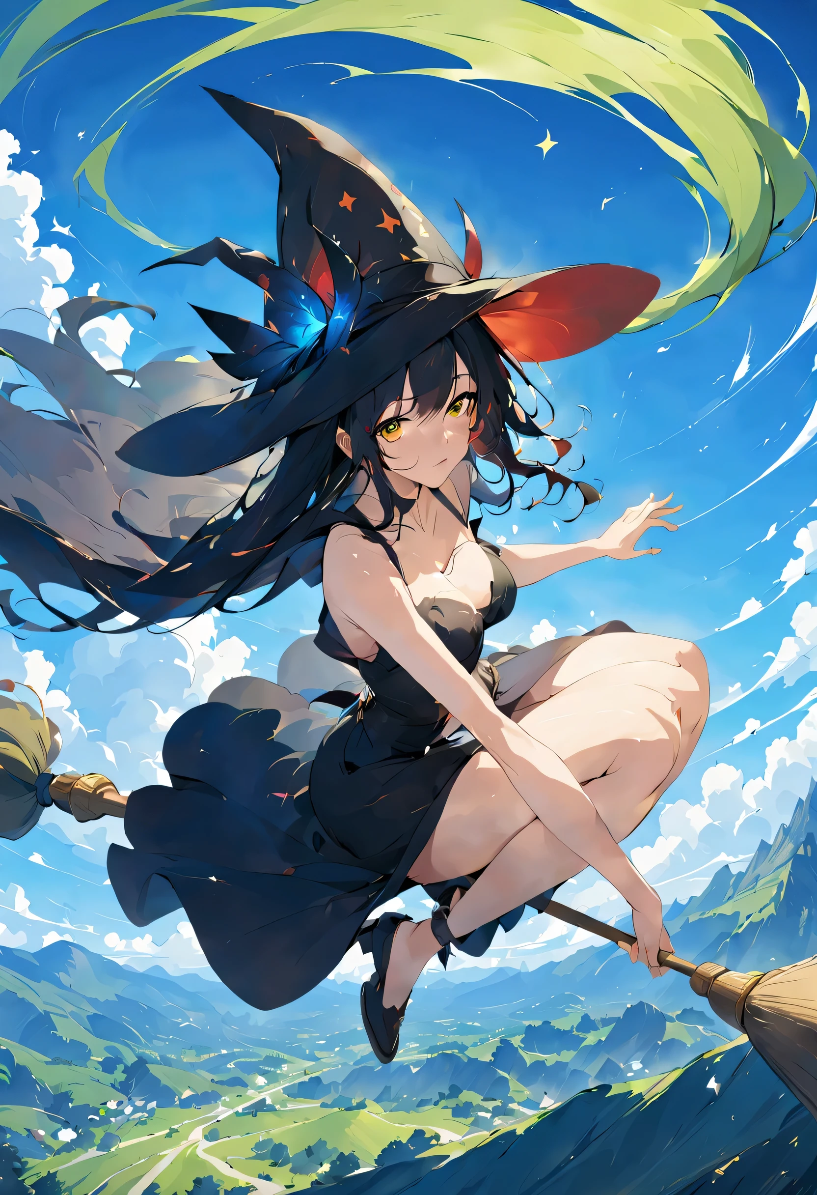 ((((空を飛ぶwitch))),((Ride a broom)),broom flight,Straddling the broom,fantasy,beautiful light and shadow,anatomically correct,masterpiece,highest quality,最高masterpiece,8K,Use of magic,witch:witchの帽子:witchの衣装:become familiar with,Wind,fantasy,wonderful,An illustration,digital art,wonderful,wonderful,カラーAn illustration,rich colors,