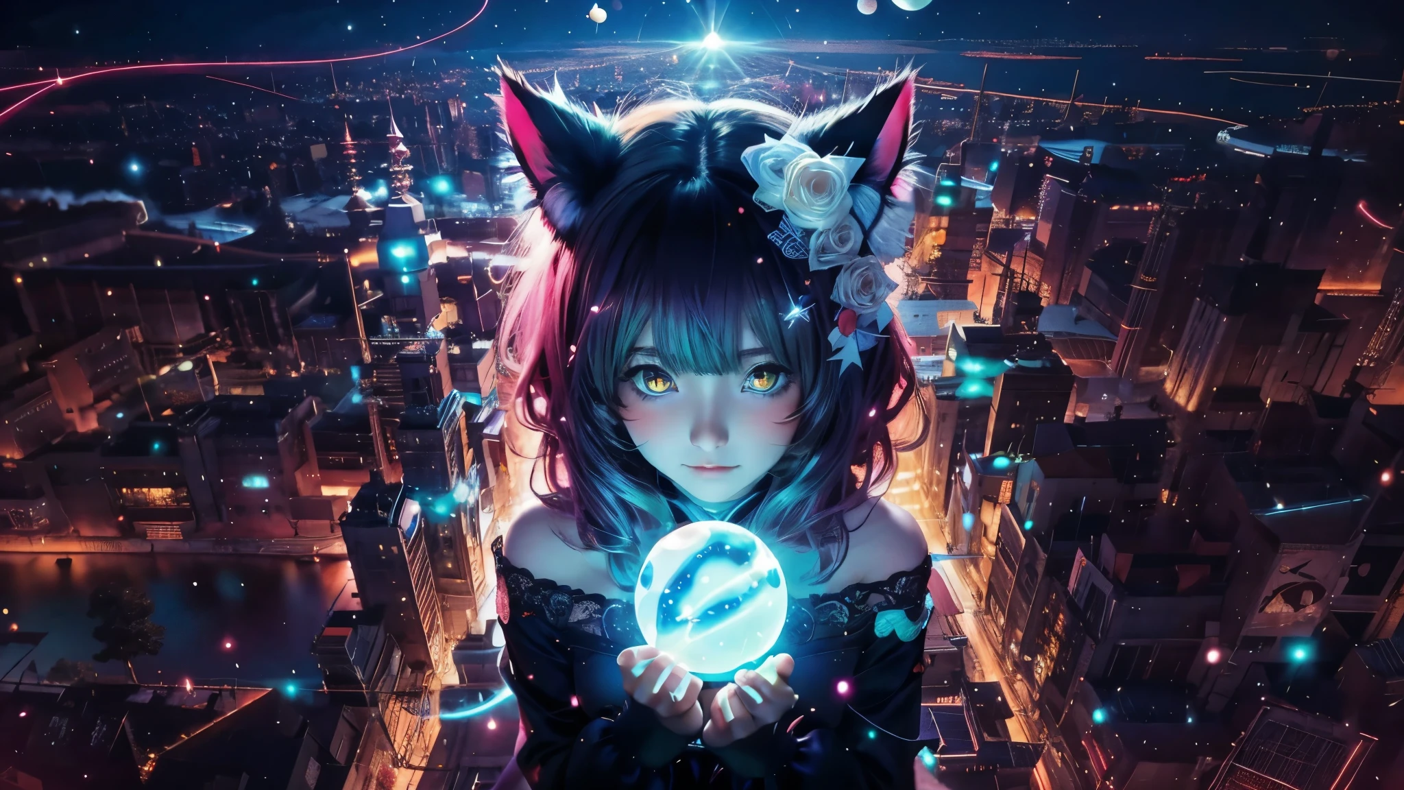 Anime cat-eared girl with glowing eyes holding a glowing ball in her hand, anime art wallpaper 4k, A drone is flying in the sky, night city, anime wallpaper 4k, anime wallpaper 4k, 4k anime wallpaper, anime art wallpaper 8k, Beautiful anime cat girl, Beeple and Jeremiah Ketner, anime style. 8K
