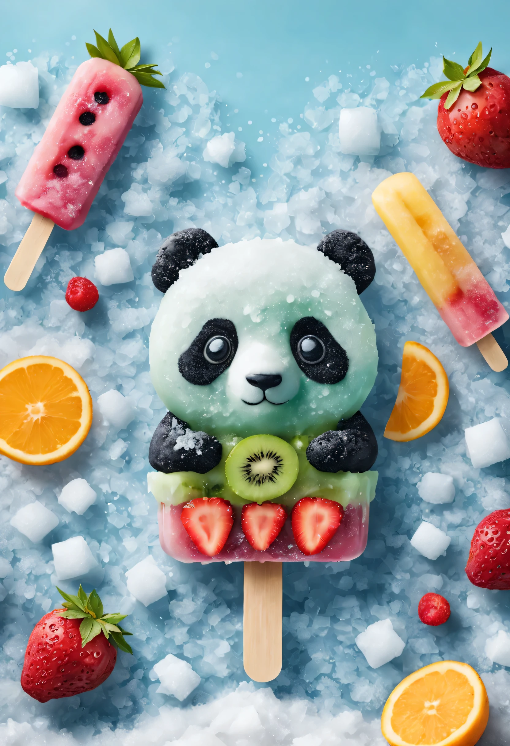 Cartoon Panda Fruit Popsicle，Cute creative popsicles，frozen texture,snow,ice cold,cold,Crystal ice,summer,Delicious fruits,color layout,Crushed ice,Refreshing
