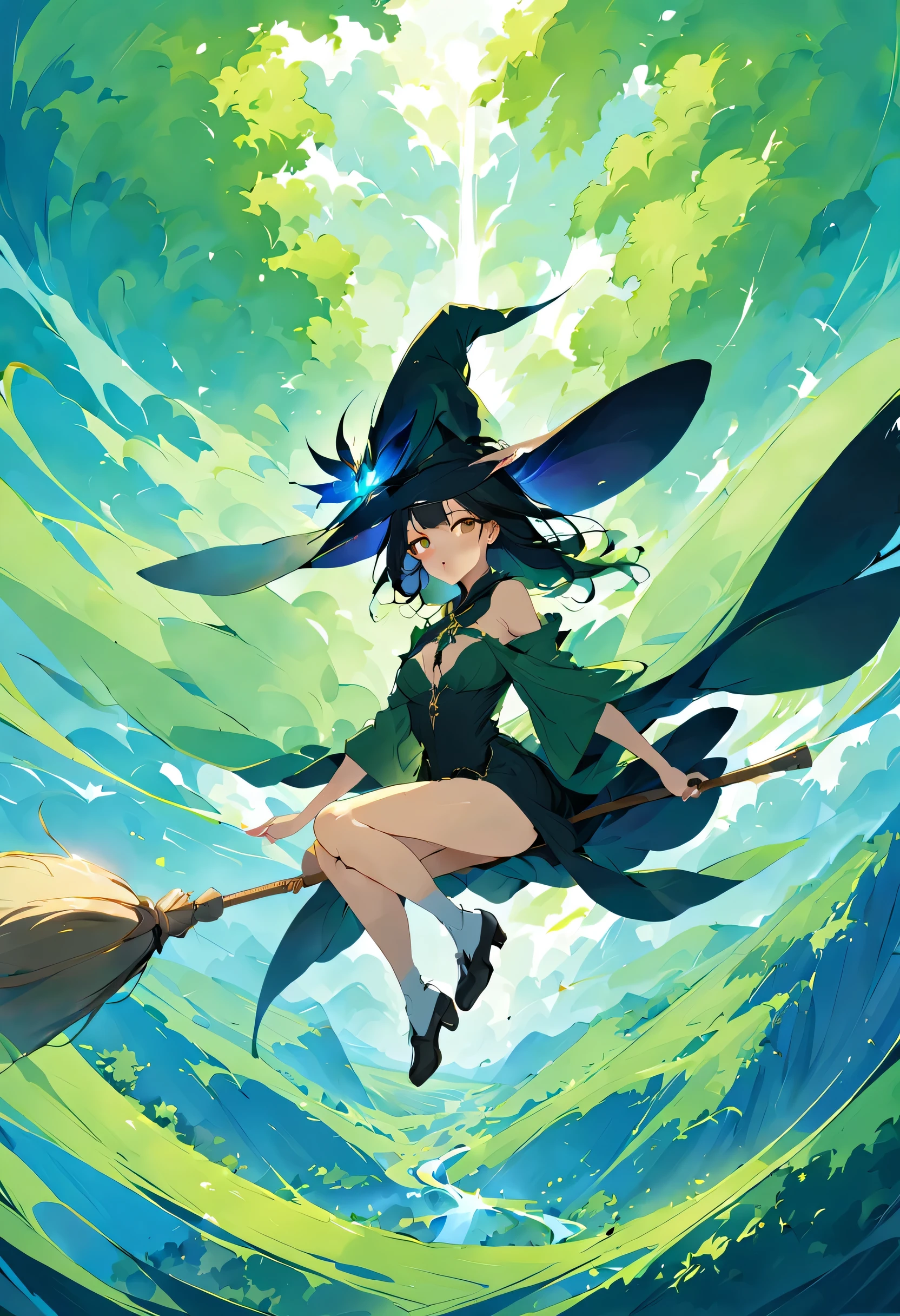 ((((空を飛ぶwitch))),((Ride a broom)),broom flight,Straddling the broom,fantasy,beautiful light and shadow,anatomically correct,masterpiece,highest quality,最高masterpiece,8K,Use of magic,witch:witchの帽子:witchの衣装:become familiar with,Wind,fantasy,wonderful,An illustration,digital art,wonderful,wonderful,カラーAn illustration,rich colors,