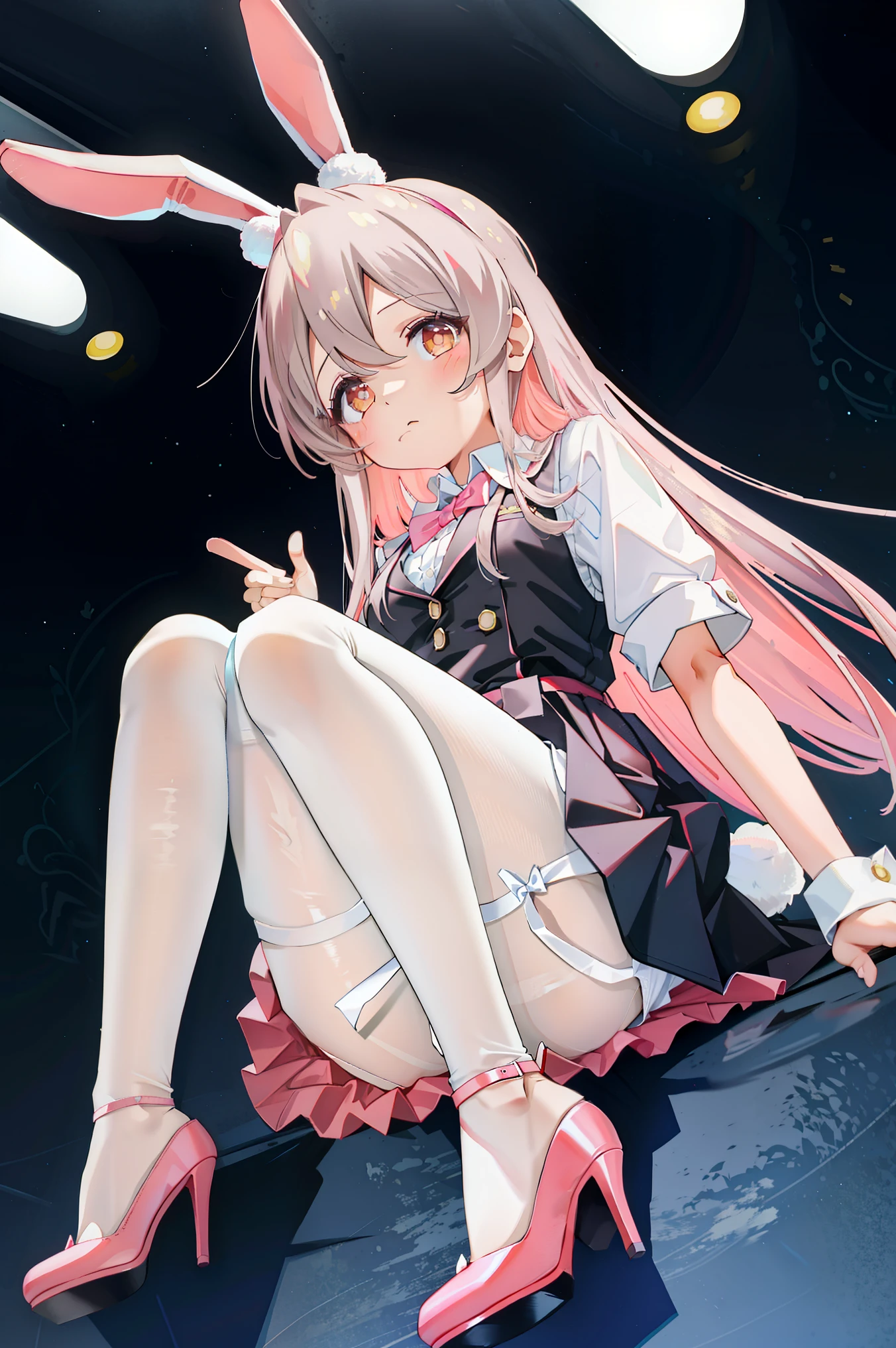 masterpiece, alone, 1 girl, bunnygirl, view viewer,, collared shirt, Light pink headband,Rabbit ears,black pantyhose,red high heels