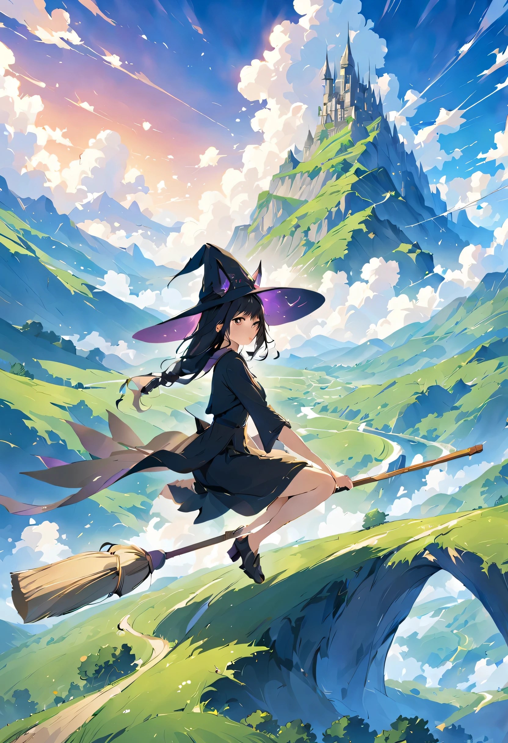 ((((空を飛ぶwitch))),((Ride a broom)),broom flight,Straddling the broom,fantasy,beautiful light and shadow,anatomically correct,masterpiece,highest quality,最高masterpiece,8K,Use of magic,witch:witchの帽子:witchの衣装:become familiar with,Wind,fantasy,wonderful,An illustration,digital art,wonderful,wonderful,カラーAn illustration,rich colors,