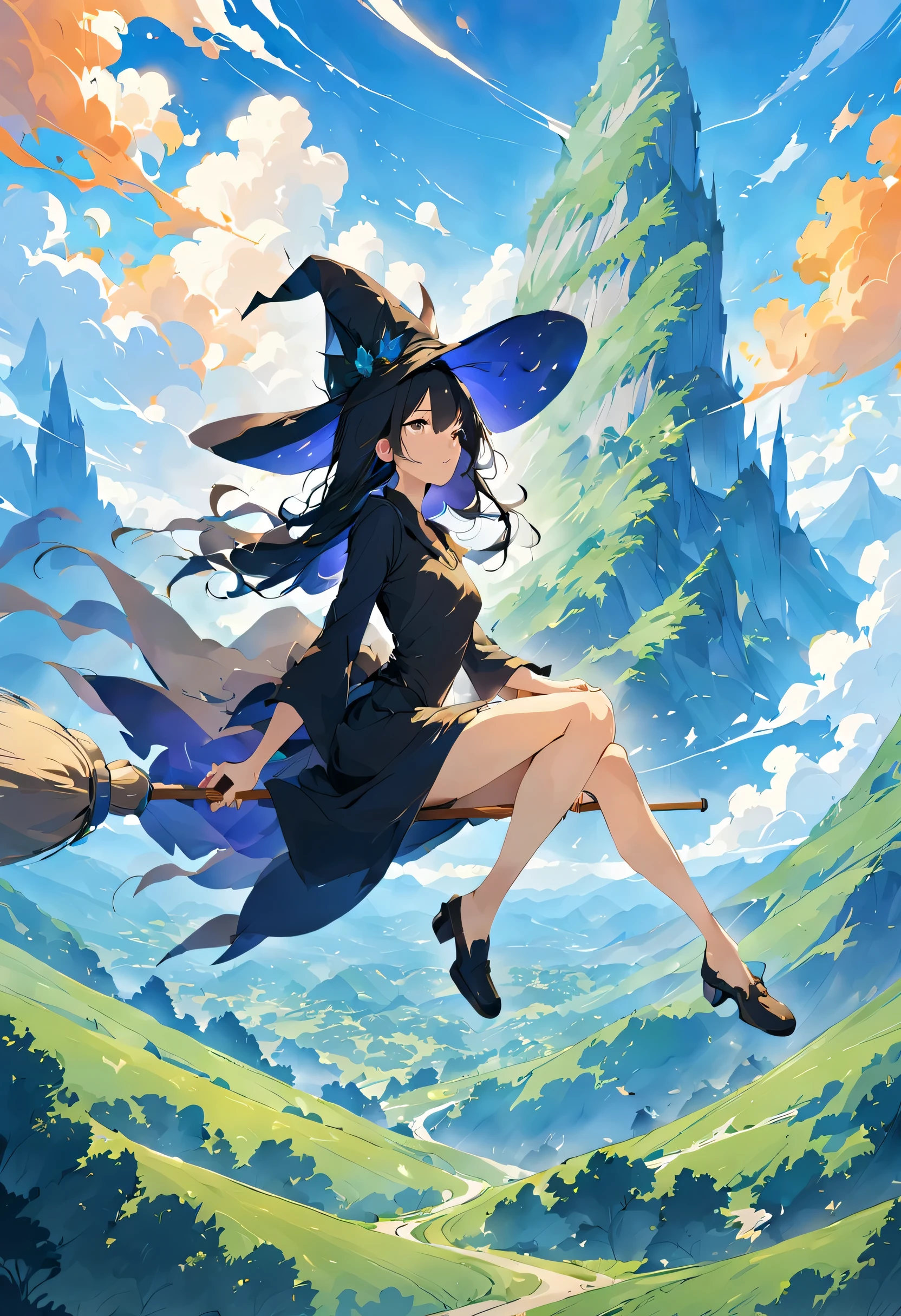 ((((空を飛ぶwitch))),((Ride a broom)),broom flight,Straddling the broom,fantasy,beautiful light and shadow,anatomically correct,masterpiece,highest quality,最高masterpiece,8K,Use of magic,witch:witchの帽子:witchの衣装:become familiar with,Wind,fantasy,wonderful,An illustration,digital art,wonderful,wonderful,カラーAn illustration,rich colors,