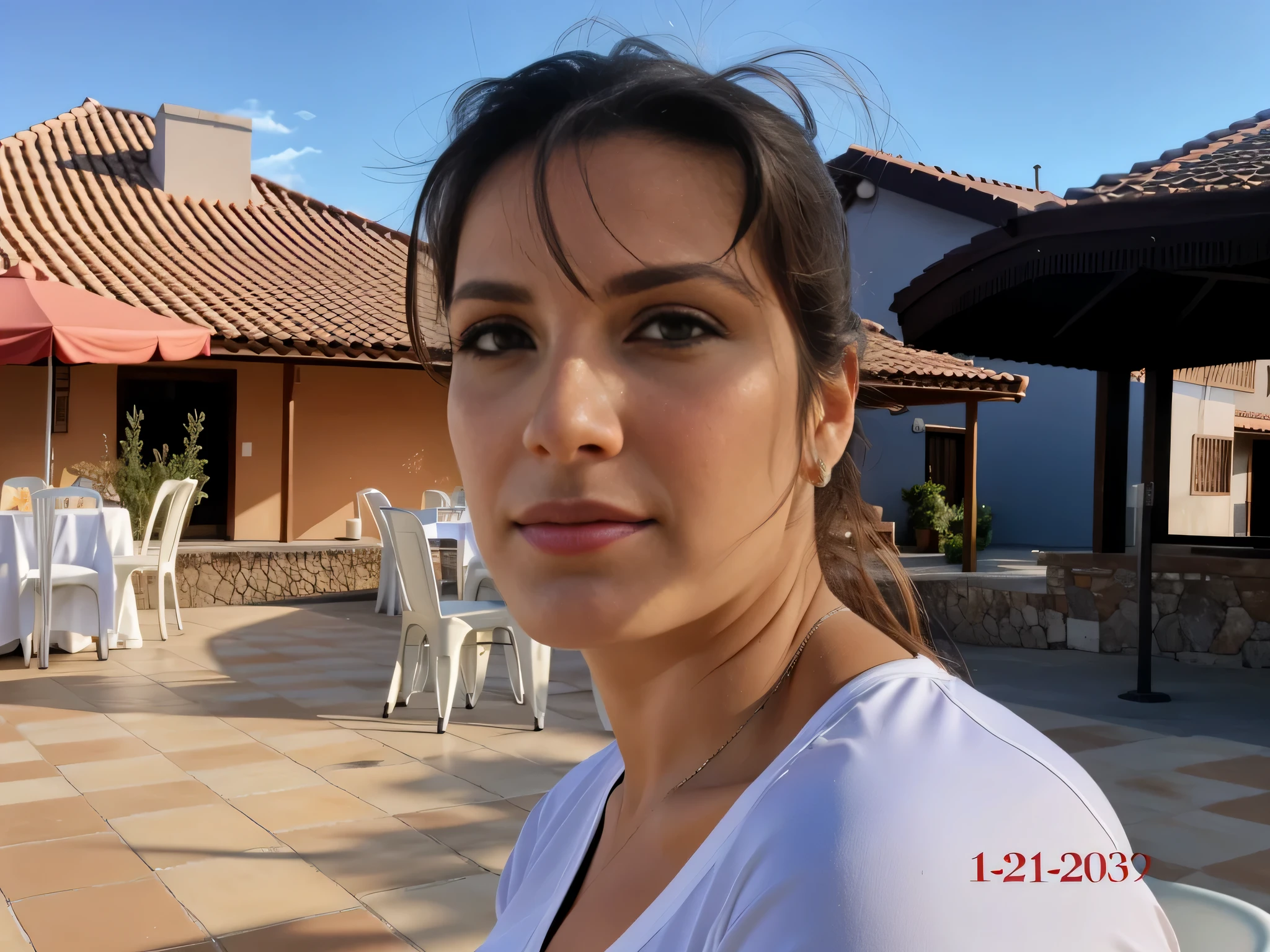 mulher com cabelo molhado sentada em frente a uma mesa e cadeiras, imagem frontal, retrato de mulher de 40 anos, imagem de perfil, foto realista, mulheres de 40 anos. Foto de corpo inteiro, corpo fino, cintura fina, Clear photo, alta qualidade, high resolution, obra-prima, 8K.