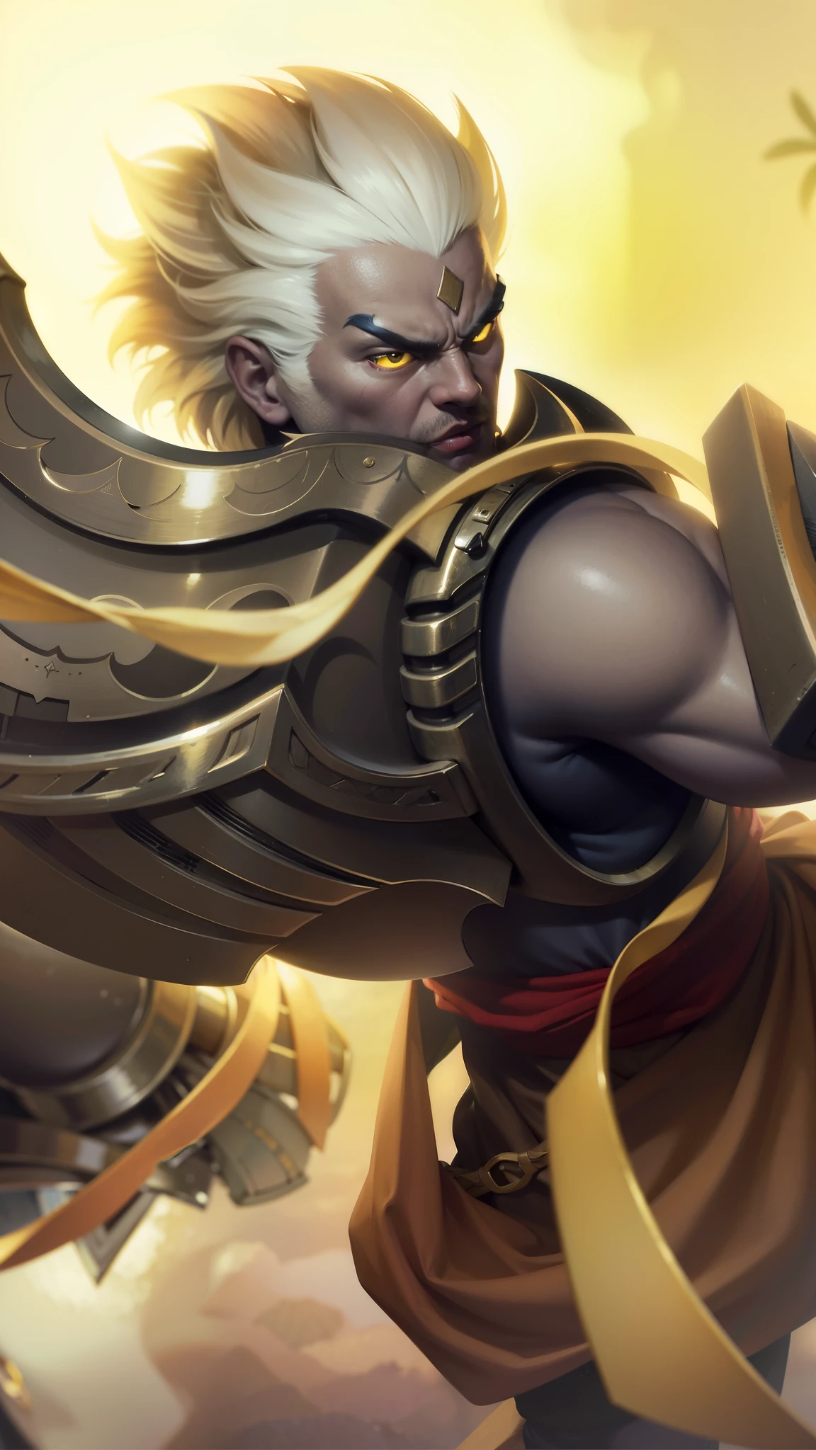 a close up of a man with a helmet on holding a sword, gatotkaca, young handsome, angry, masterpeace, 8K quality, High resolution, super detail, realistic, Raw photo, yellow eyes, white hair.