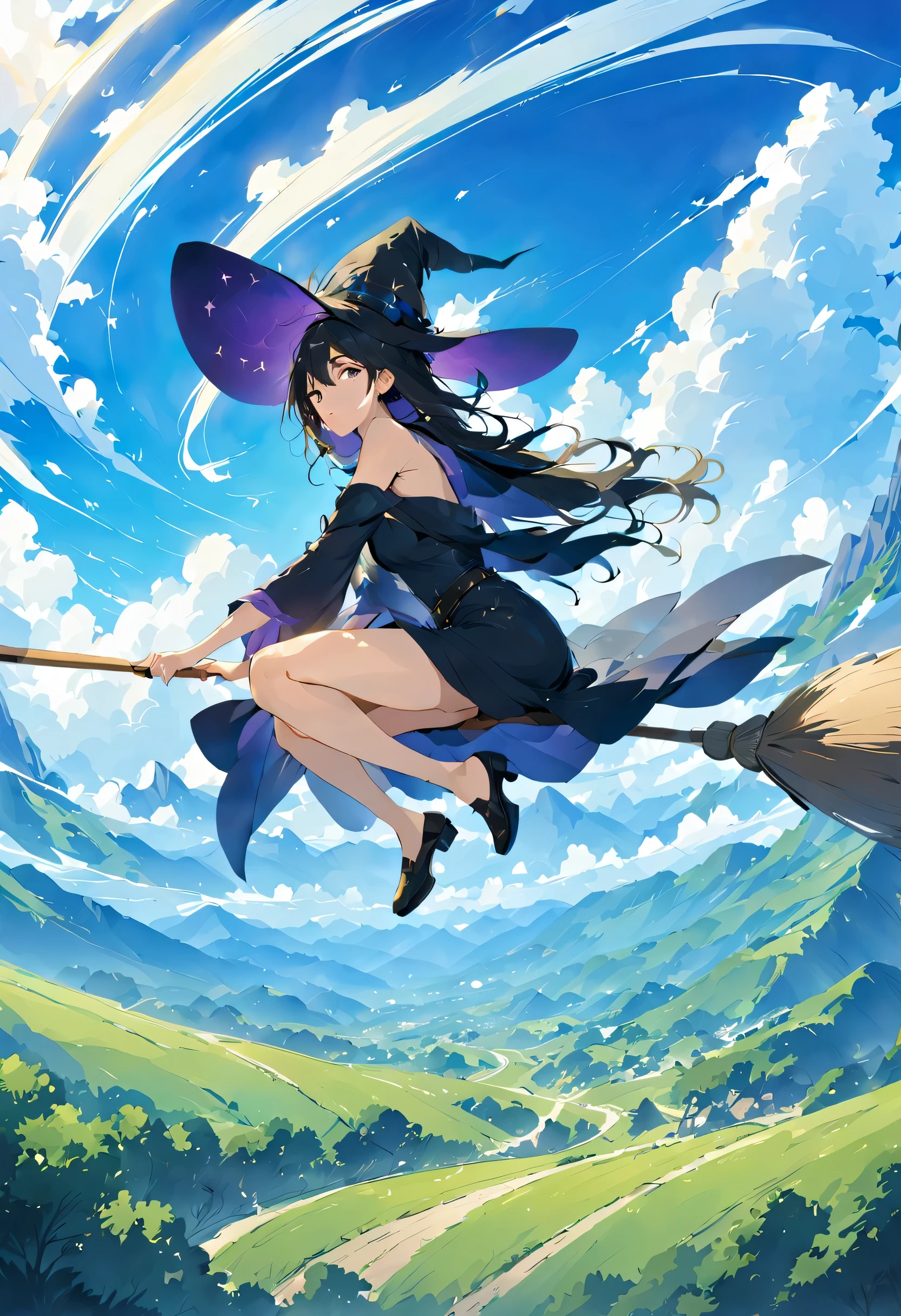 ((((空を飛ぶwitch))),((Ride a broom)),broom flight,Straddling the broom,fantasy,beautiful light and shadow,anatomically correct,masterpiece,highest quality,最高masterpiece,8K,Use of magic,witch:witchの帽子:witchの衣装:become familiar with,Wind,fantasy,wonderful,An illustration,digital art,wonderful,wonderful,カラーAn illustration,rich colors,