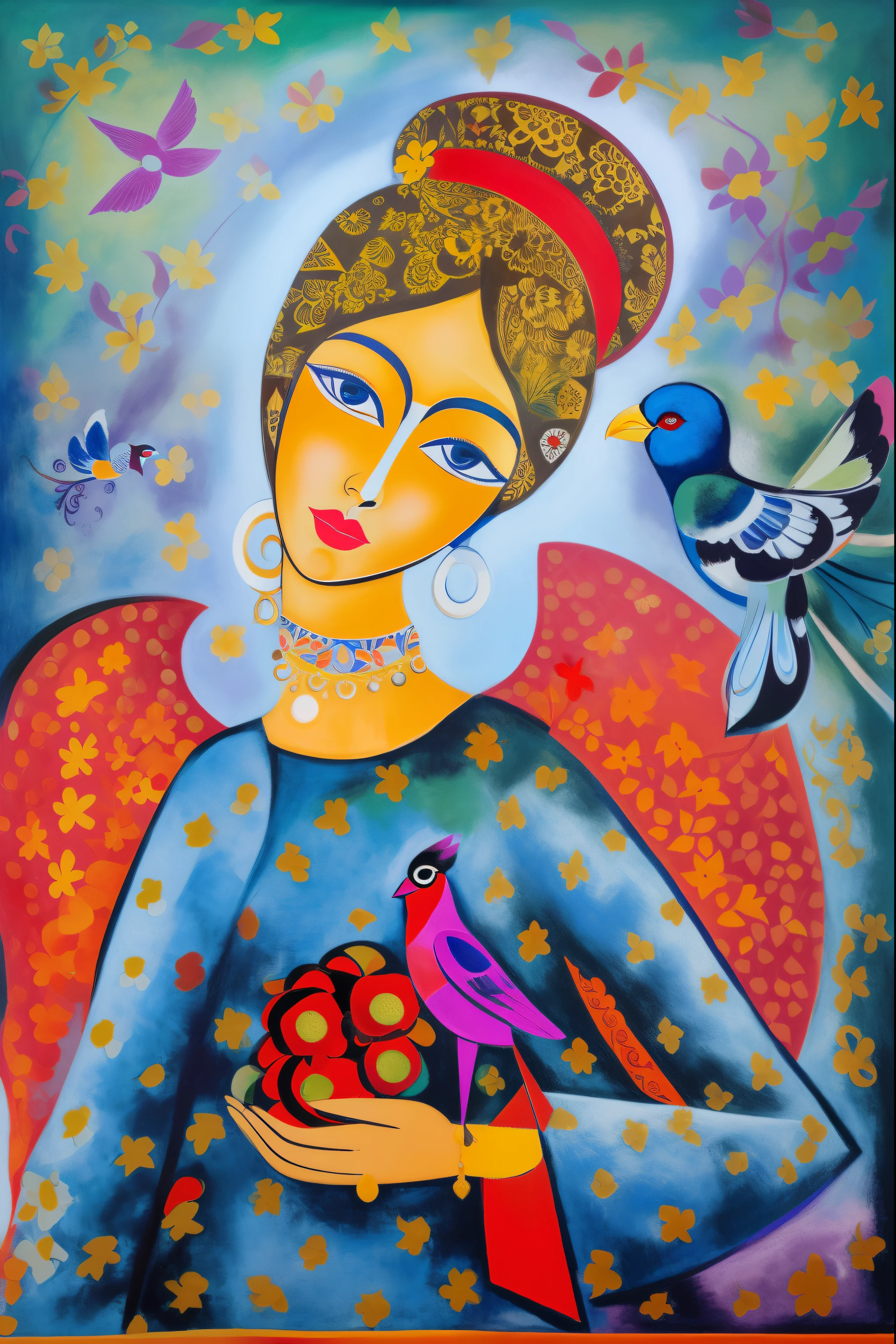 painting of a woman holding a bird and a bird on a blue background, inspirado em Angel Botello, inspirado em Laurel Burch, Direction: Pacita Abad, por Miroslava Sviridova, inspired Direction: Pacita Abad, inspirado em Chagall, inspirado em Martiros Saryan, Direction: Judy Takács, Arte caprichosa, Direction: Jean Ei
