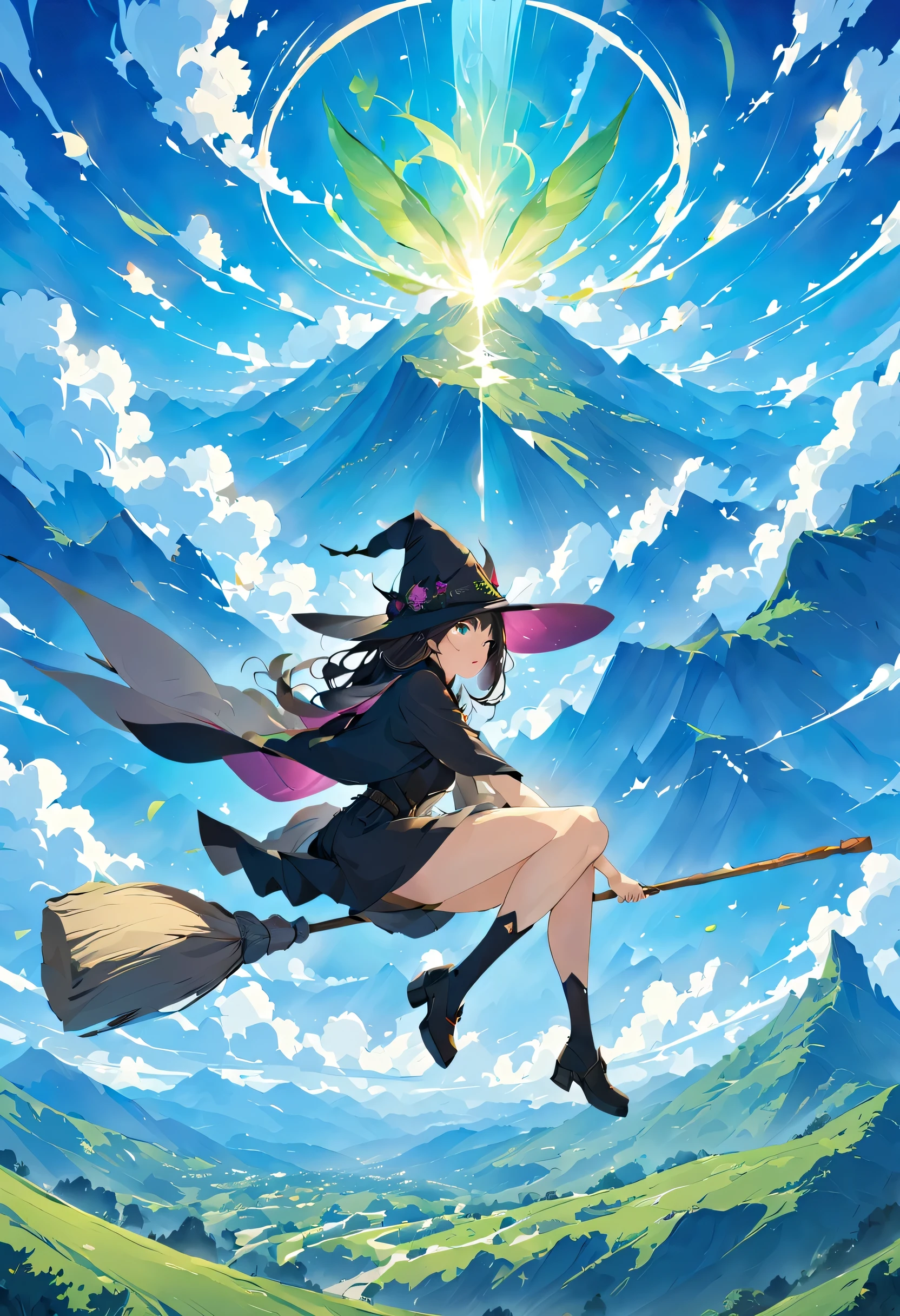 ((((空を飛ぶwitch))),((Ride a broom)),broom flight,Straddling the broom,fantasy,beautiful light and shadow,anatomically correct,masterpiece,highest quality,最高masterpiece,8K,Use of magic,witch:witchの帽子:witchの衣装:become familiar with,Wind,fantasy,wonderful,An illustration,digital art,wonderful,wonderful,カラーAn illustration,rich colors,