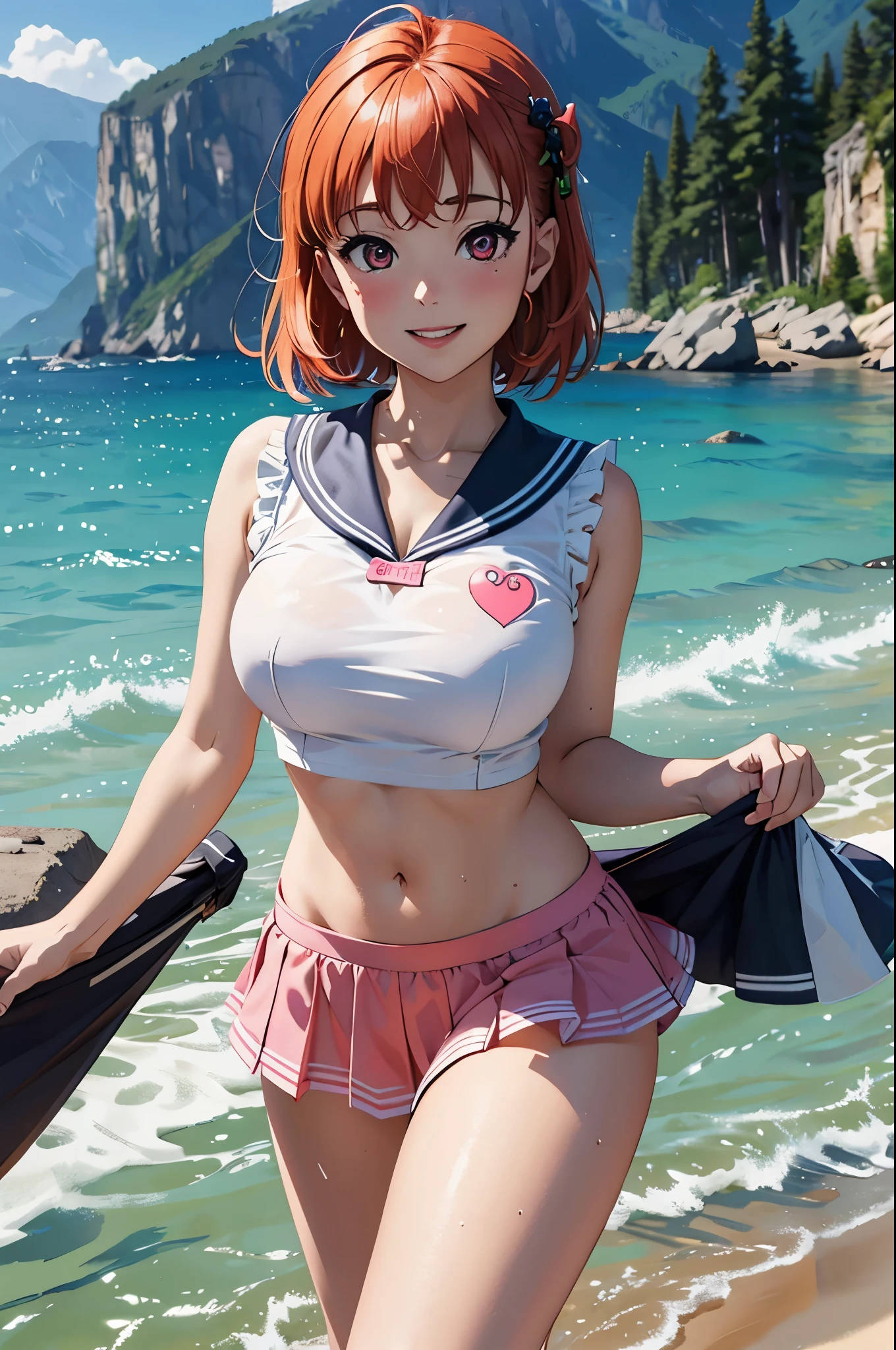 (best quality,4k,8k,highres,masterpiece:1.2), ultra-detailed,takami chika, sailor top, school skirt, navel, slightly excited and smile, sleeveless, thighs, cowboy shot, hair ornamen,pink eyes ,big breasts ,nipples , wet clothes 