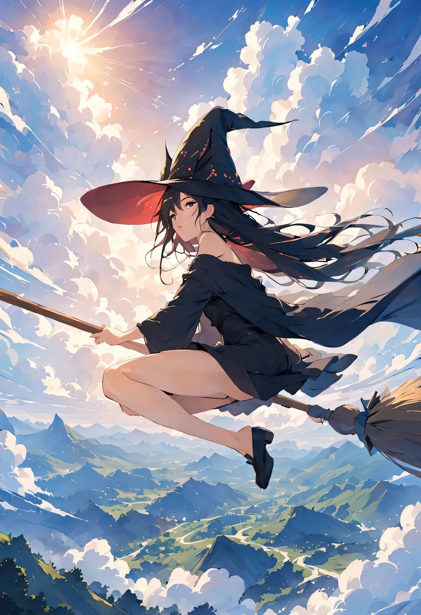 ((((空を飛ぶwitch))),((Ride a broom)),broom flight,Straddling the broom,fantasy,beautiful light and shadow,anatomically correct,masterpiece,highest quality,最高masterpiece,8K,Use of magic,witch:witchの帽子:witchの衣装:become familiar with,Wind,fantasy,wonderful,An illustration,digital art,wonderful,wonderful,カラーAn illustration,rich colors,