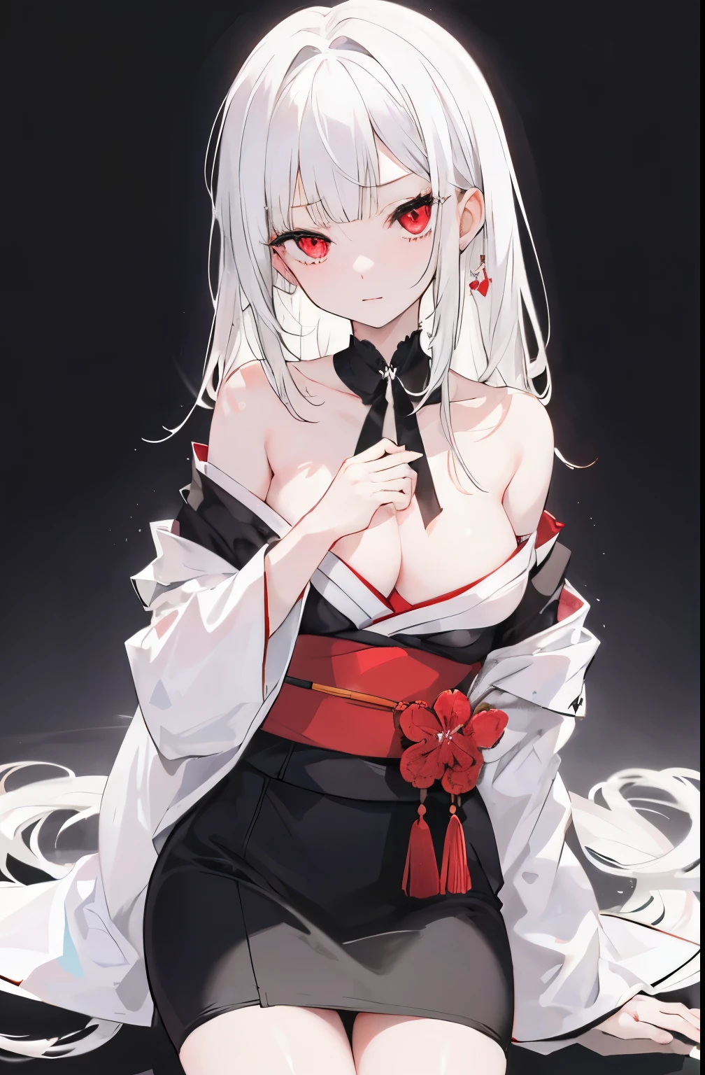 1girl, white_black_two_ton_hair, white_hair_streak, long hair, {red_eyes}, {off_shoulder dress}, {large breasts},girl, slenderwaist, clothes_down, small_medium_face,{sharp eyes},sharp_face,hip_vent,bishoujo, with bangs,full bodyagainst_wall,charmed_face,pencil skirt,kimono