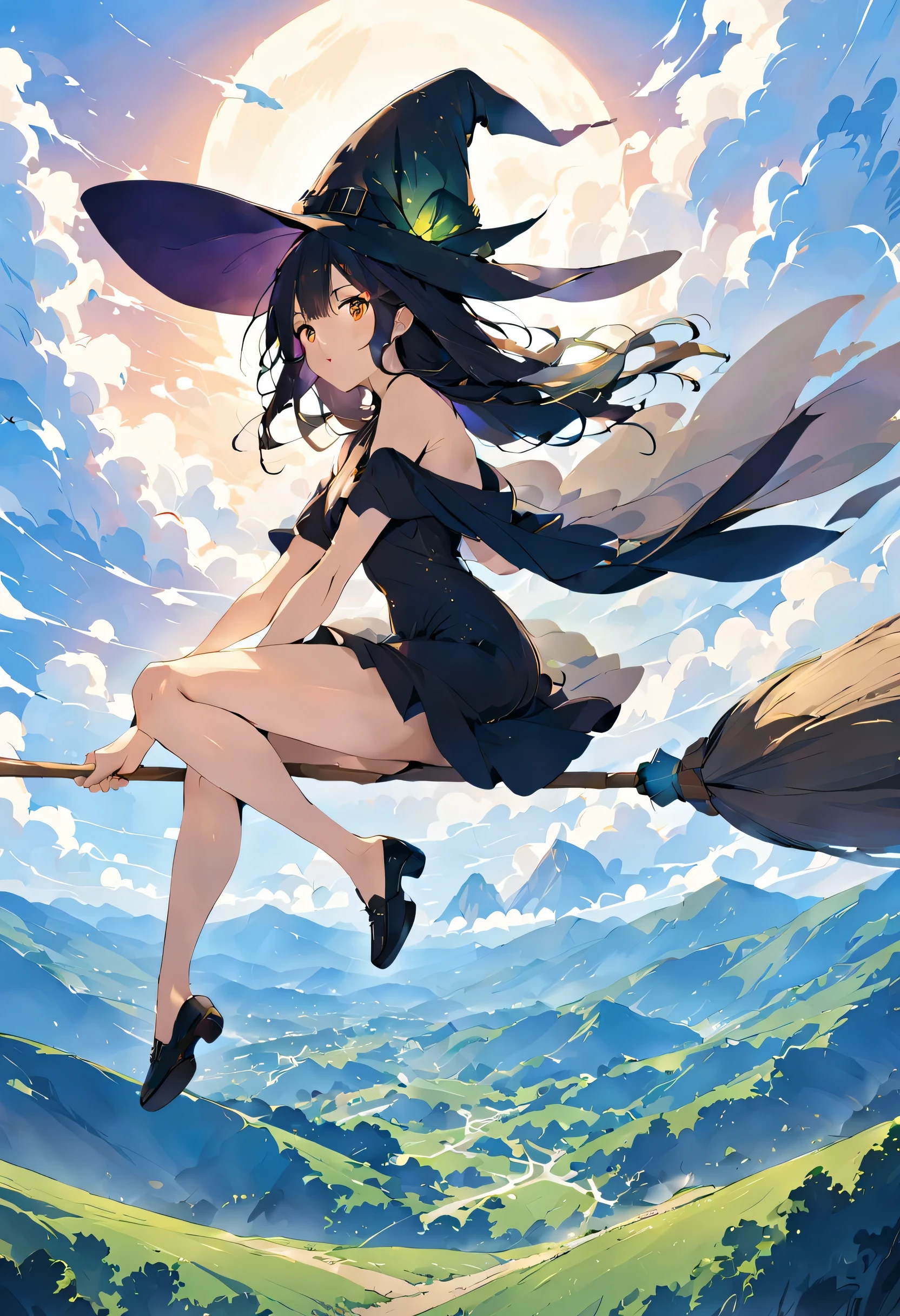 ((((空を飛ぶwitch))),((Ride a broom)),broom flight,Straddling the broom,fantasy,beautiful light and shadow,anatomically correct,masterpiece,highest quality,最高masterpiece,8K,Use of magic,witch:witchの帽子:witchの衣装:become familiar with,Wind,fantasy,wonderful,An illustration,digital art,wonderful,wonderful,カラーAn illustration,rich colors,