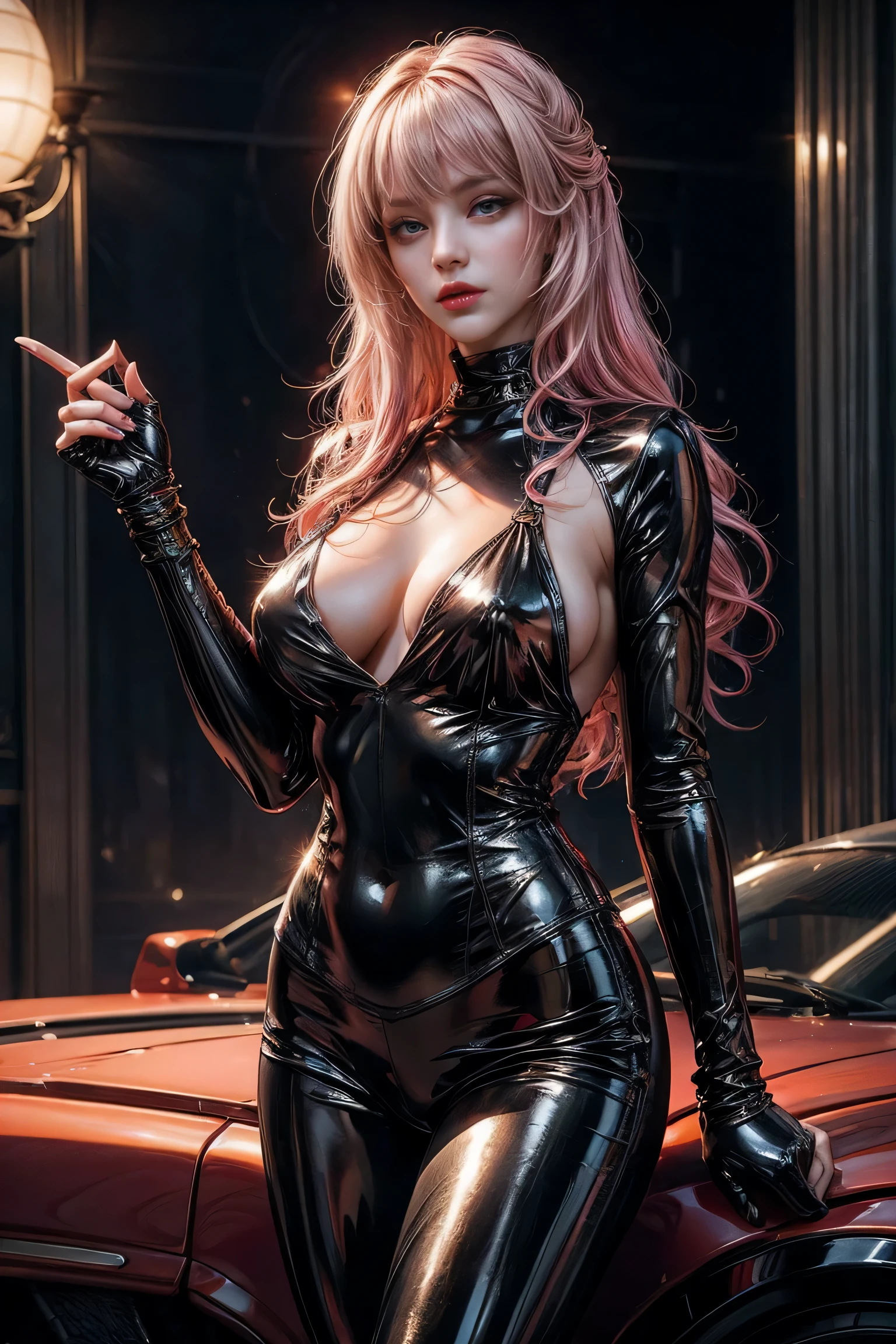best work,Super high quality work,8K HD CG production,High quality graphics,3D HD CG works,10x pixels,Ultra-clear:1.1,Advanced technical details:1.1,lifelike,室内灯Light effect果:1.1,Natural dimming,Light effect(虚拟灯Light effect果:1.1),ultra high resolution,suit photos,long light pink hair,clear hair,High detail hair(Premium hair details:1.1)clear eyes,Double eyelids look good,sharp eye makeup, Create exquisite eyelash makeup, Thin eyebrows, super detailed eyes,high nose, Red lips look great, blush, The face is painted with delicate makeup , pretty face, Perfect facial proportions,(Advanced facial details:1.1)Latex clothing series,Bright black series,Latex clothing,Latex library,Latex tights,latex gloves,Latex boots,Tight,collar,chaining,Slave girls,handcuff,Sadomasochism,Women's artwork,full-body shot,Latex goddess,realism,It's really eye-catching