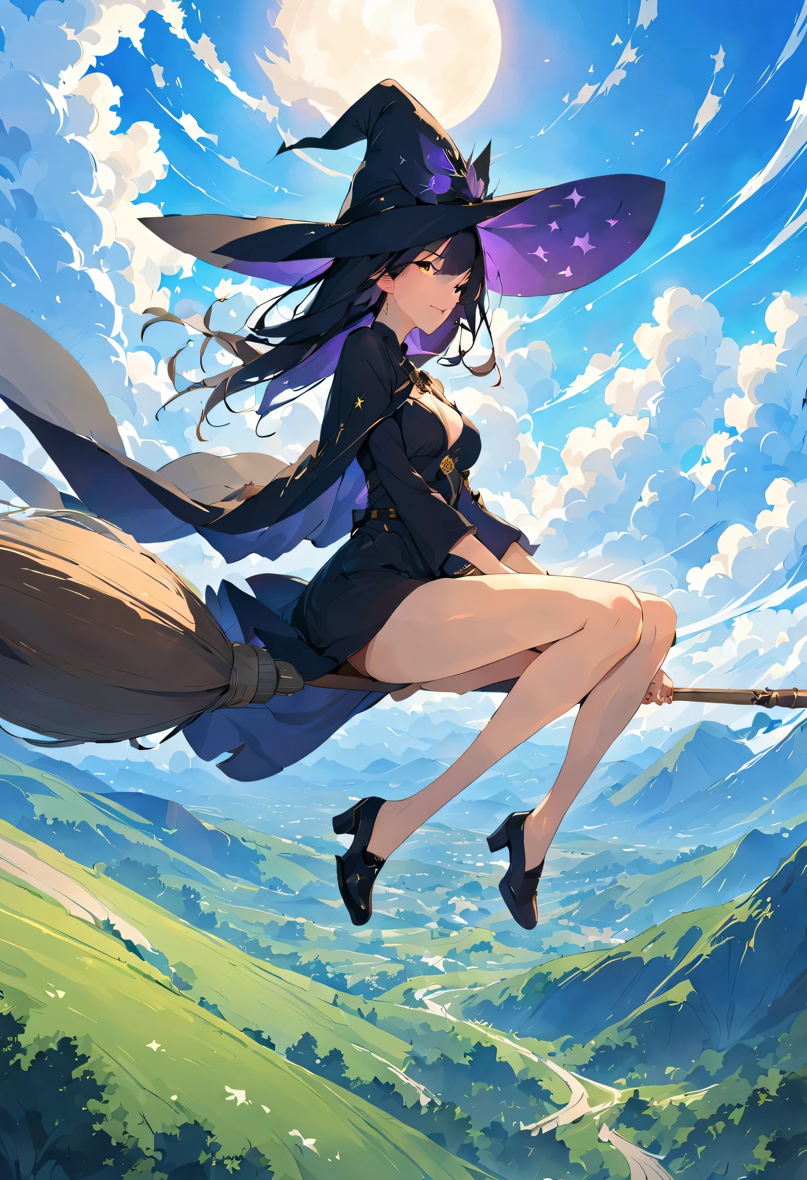 ((((空を飛ぶwitch))),((Ride a broom)),broom flight,Straddling the broom,fantasy,beautiful light and shadow,anatomically correct,masterpiece,highest quality,最高masterpiece,8K,Use of magic,witch:witchの帽子:witchの衣装:become familiar with,Wind,fantasy,wonderful,An illustration,digital art,wonderful,wonderful,カラーAn illustration,rich colors,