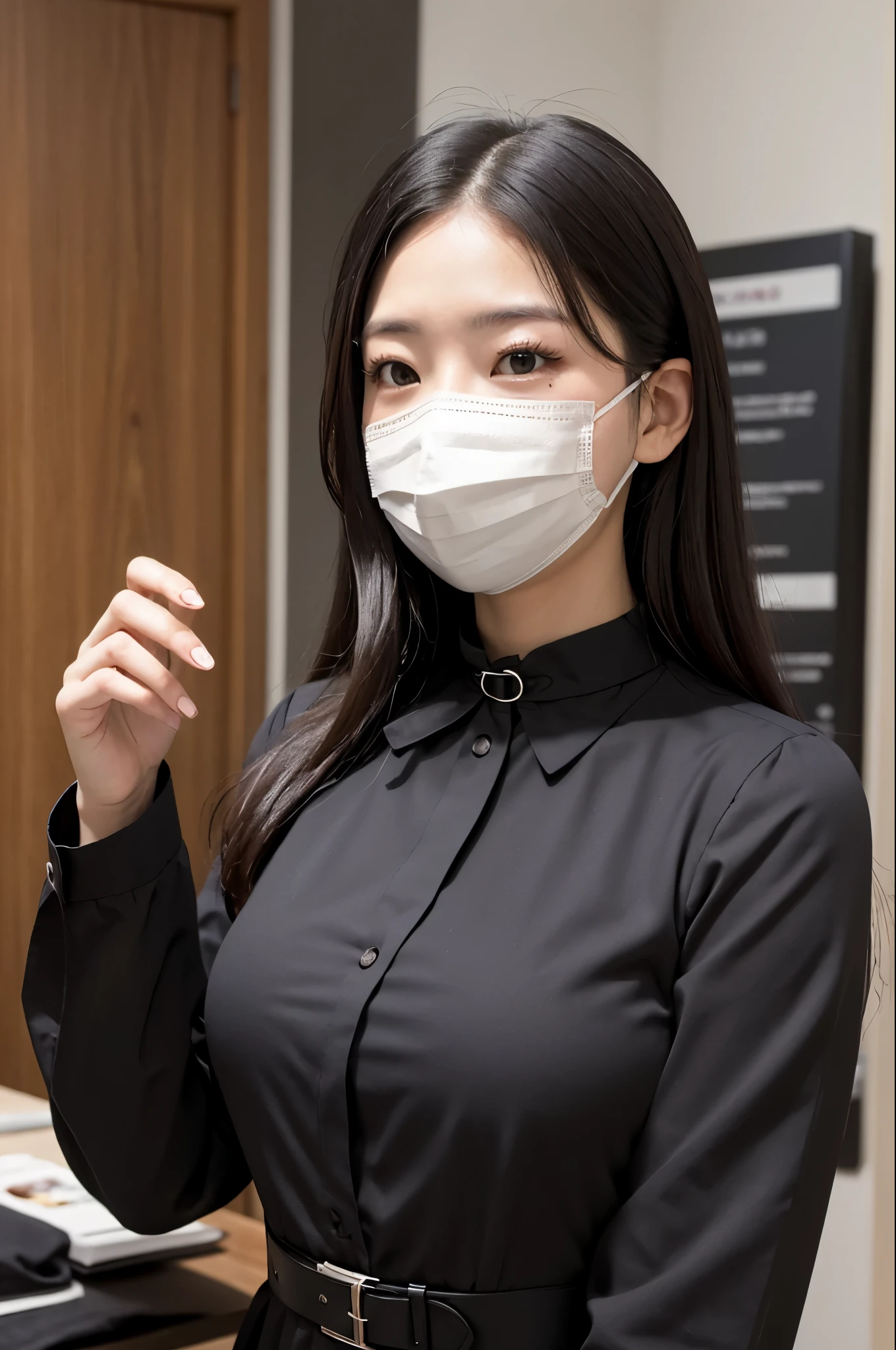 arafed woman in a black shirt and a white mask, wearing mask, wearing a mask, wearing facemask, one single mask, no face mask, surgical mask covering mouth, medical mask, mask, wearing collar, wearing all black mempo mask, masking, facemask, face mask, 8k)), huge breasts、white mask, wearing collar on neck, partially masked、((black calf length dress))