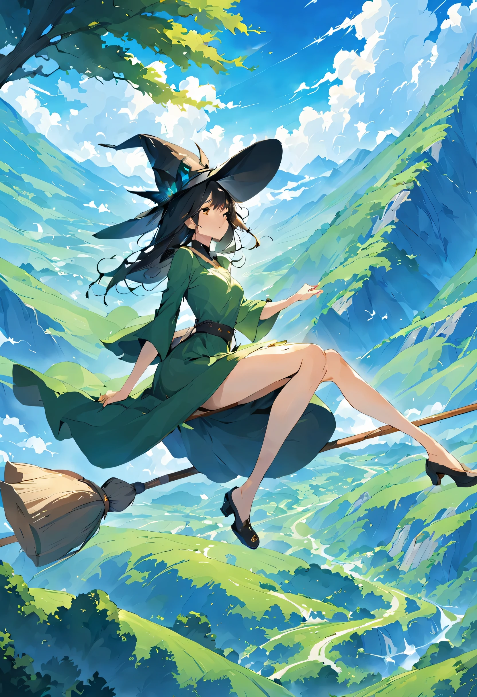 ((((空を飛ぶwitch))),((Ride a broom)),broom flight,Straddling the broom,fantasy,beautiful light and shadow,anatomically correct,masterpiece,highest quality,最高masterpiece,8K,Use of magic,witch:witchの帽子:witchの衣装:become familiar with,Wind,fantasy,wonderful,An illustration,digital art,wonderful,wonderful,カラーAn illustration,rich colors,