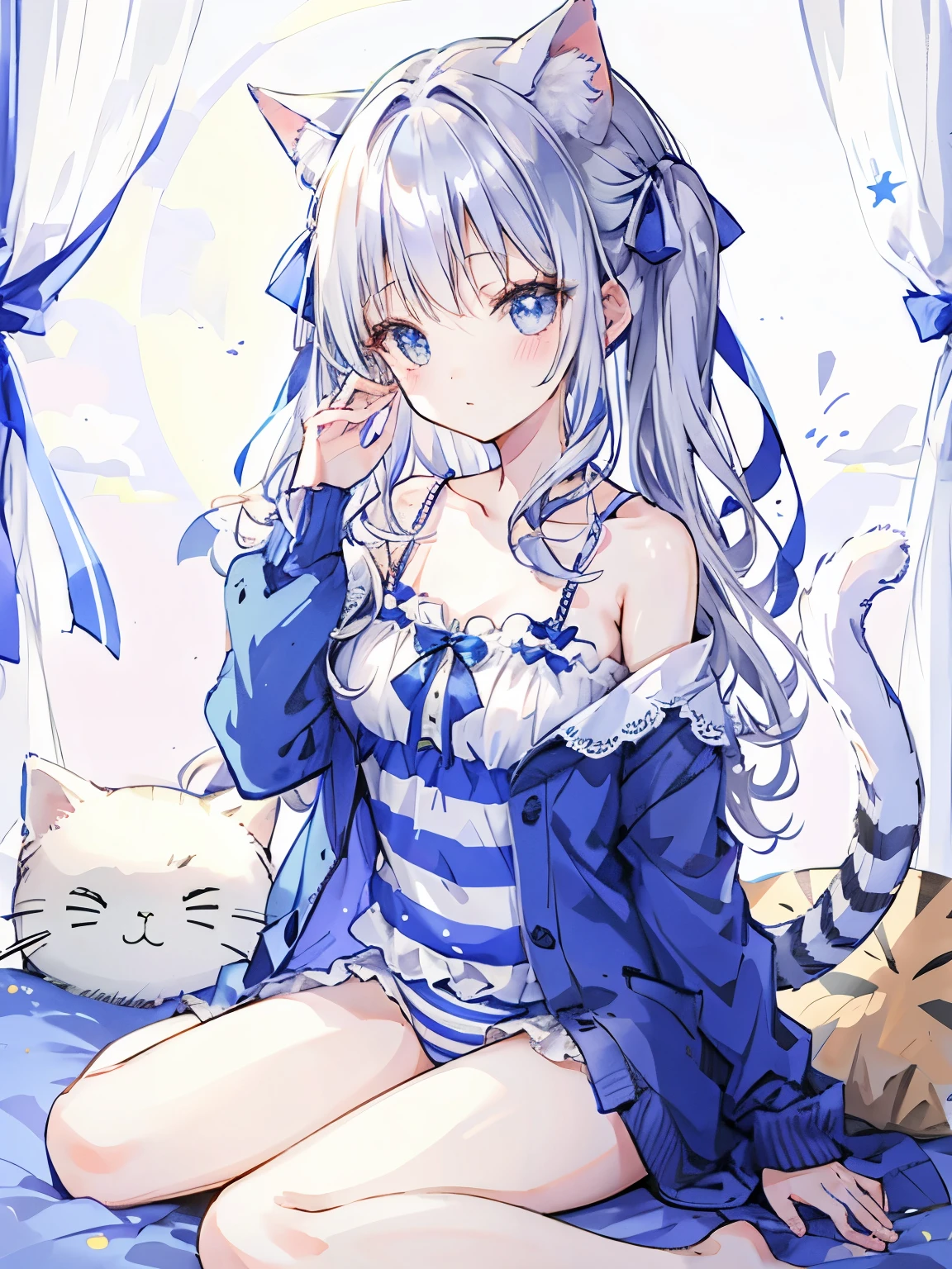 girl,shiny silver hair,Big blue ribbon in hair,((striped sleepwear)),BREAK,((Moon and cat pattern background)),waving