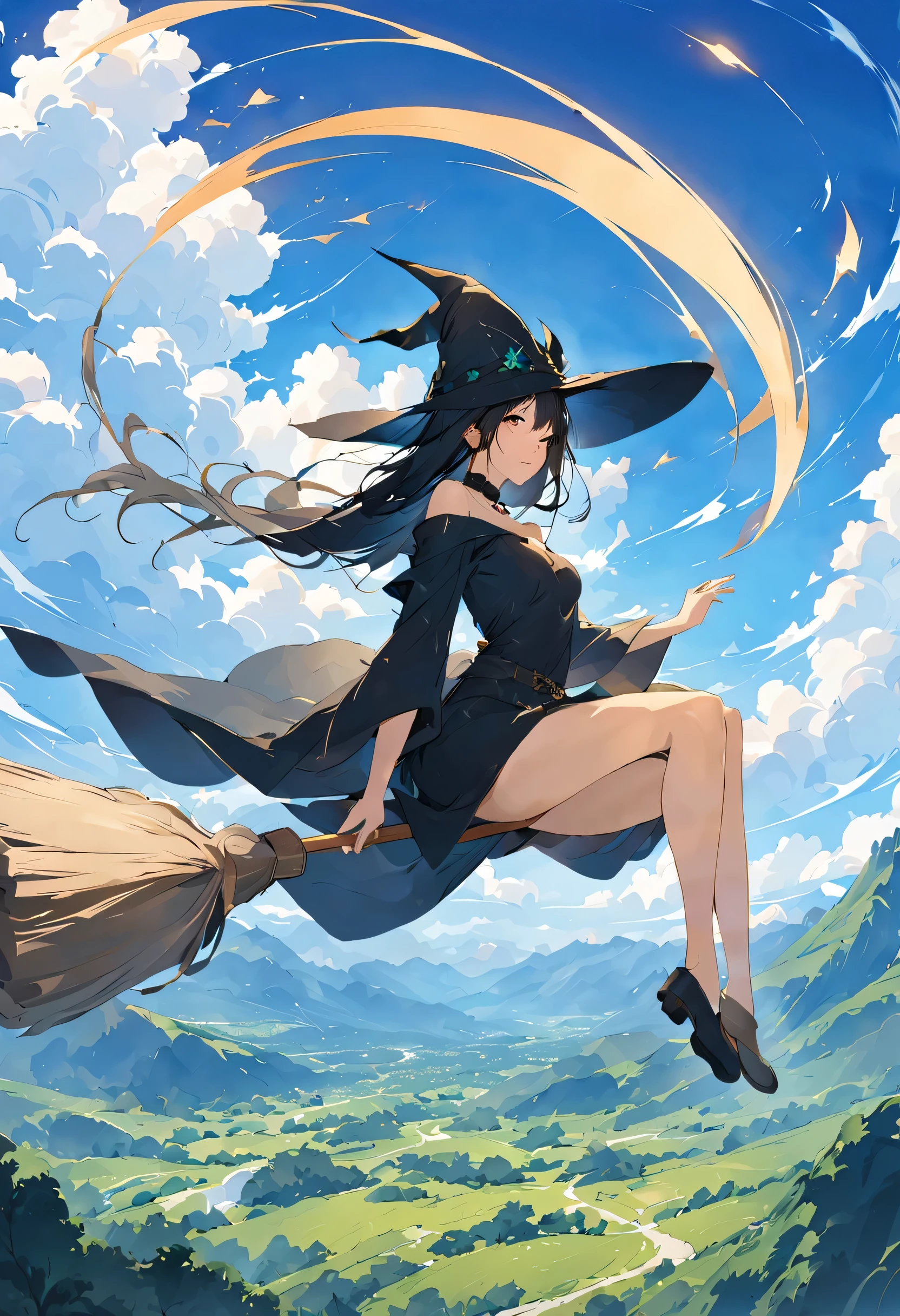 ((((空を飛ぶwitch))),((Ride a broom)),broom flight,Straddling the broom,fantasy,beautiful light and shadow,anatomically correct,masterpiece,highest quality,最高masterpiece,8K,Use of magic,witch:witchの帽子:witchの衣装:become familiar with,Wind,fantasy,wonderful,An illustration,digital art,wonderful,wonderful,カラーAn illustration,rich colors,