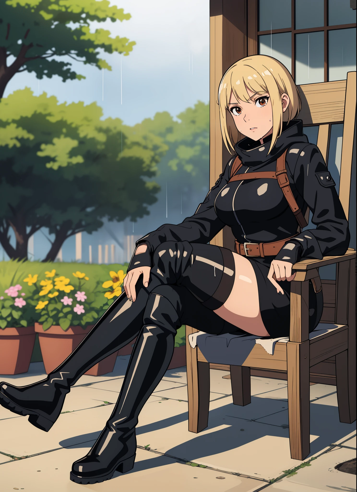 Arafe sat on a chair with his legs crossed.、Hands on your knees., look down,Wearing black boots, high boots, Brown:-2, black shiny boots,shiny riding boots, rain, Wet boots,wearing boots, huge boots, Black boots, ニーhigh boots, Knee-high boots, Also, she wears boots,boots sole,Show the sole,ニーhigh boots, Sunny, [ realistic pictures ]!!, kano)