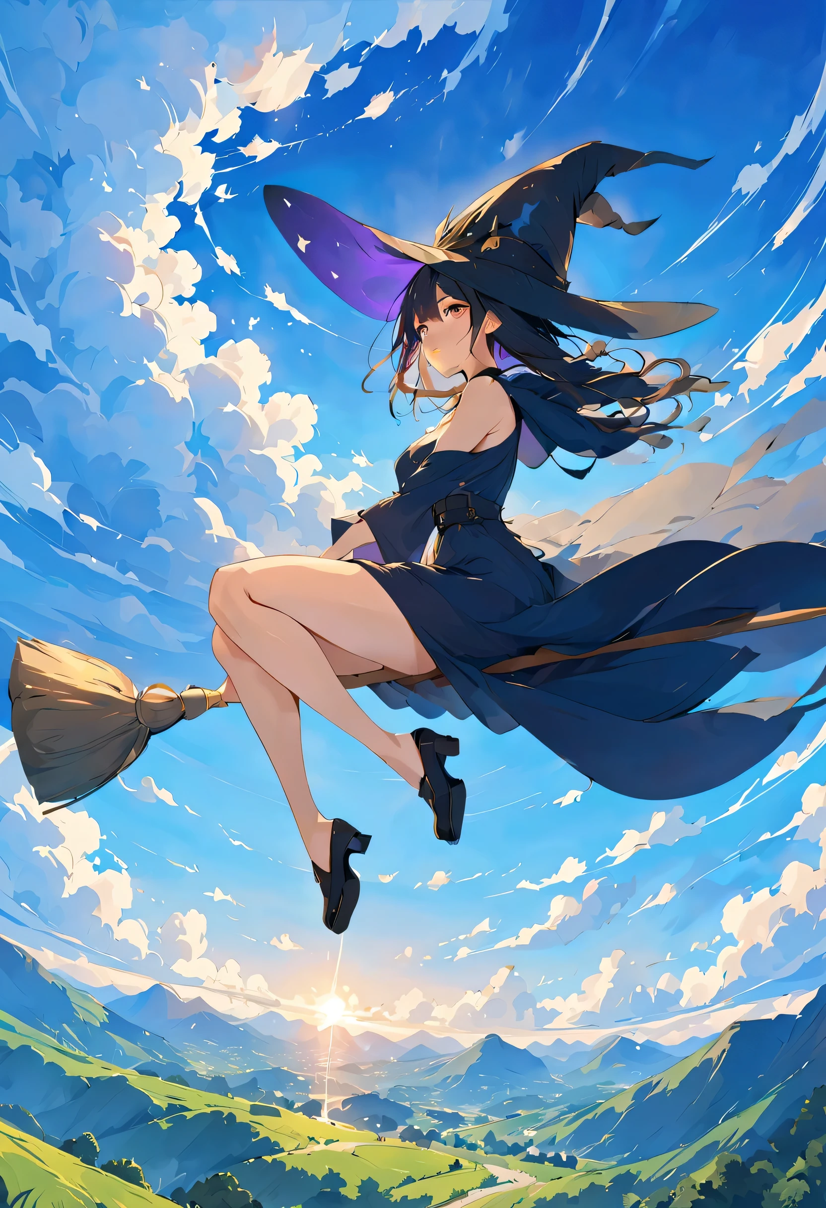 ((((空を飛ぶwitch))),((Ride a broom)),broom flight,Straddling the broom,fantasy,beautiful light and shadow,anatomically correct,masterpiece,highest quality,最高masterpiece,8K,Use of magic,witch:witchの帽子:witchの衣装:become familiar with,Wind,fantasy,wonderful,An illustration,digital art,wonderful,wonderful,カラーAn illustration,rich colors,