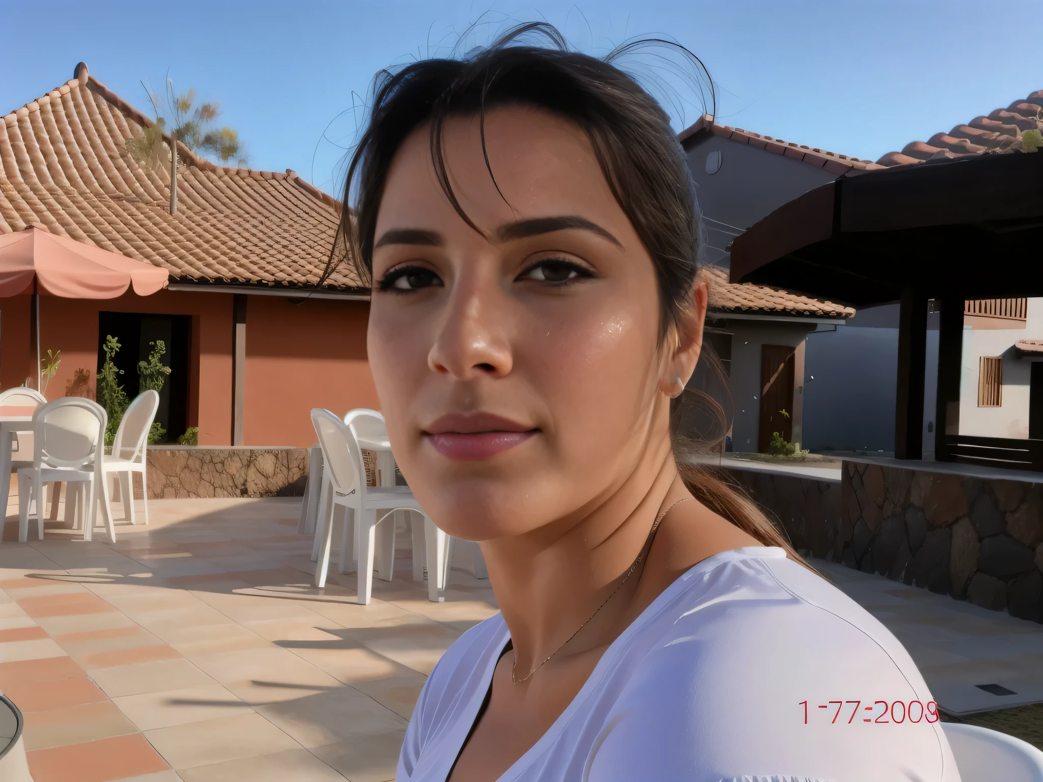 mulher com cabelo molhado sentada em frente a uma mesa e cadeiras, imagem frontal, retrato de mulher de 40 anos, imagem de perfil, foto realista, mulheres de 40 anos. Foto de corpo inteiro, corpo fino, cintura fina, Clear photo, alta qualidade, high resolution, obra-prima, 8K.