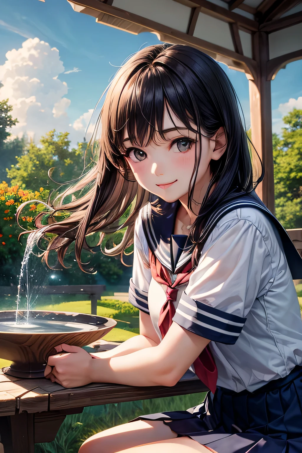 very cute and beautiful high school girl,Ten generations,(very detailed美しい顔),
(smile),looking at the viewer,black hair,fist,(sailor suit),(Pleated navy blue ittings on a wooden bench in an elegant gazebo,flower garden,squirt,forest,
(highest quality,masterpiece:1.2),disorganized,High resolution,super detailed,very detailed,32K,8K resolution,
intricate details,movie-like scene,detailed background,alone,dynamic angle,
hair blowing in the wind,beautiful and detailed sky,
