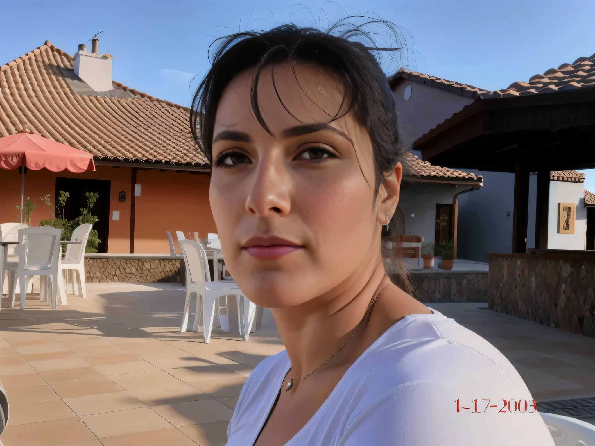 mulher com cabelo molhado sentada em frente a uma mesa e cadeiras, imagem frontal, retrato de mulher de 40 anos, imagem de perfil, foto realista, mulheres de 40 anos. Foto de corpo inteiro, corpo fino, cintura fina, Clear photo, alta qualidade, high resolution, obra-prima, 8K.