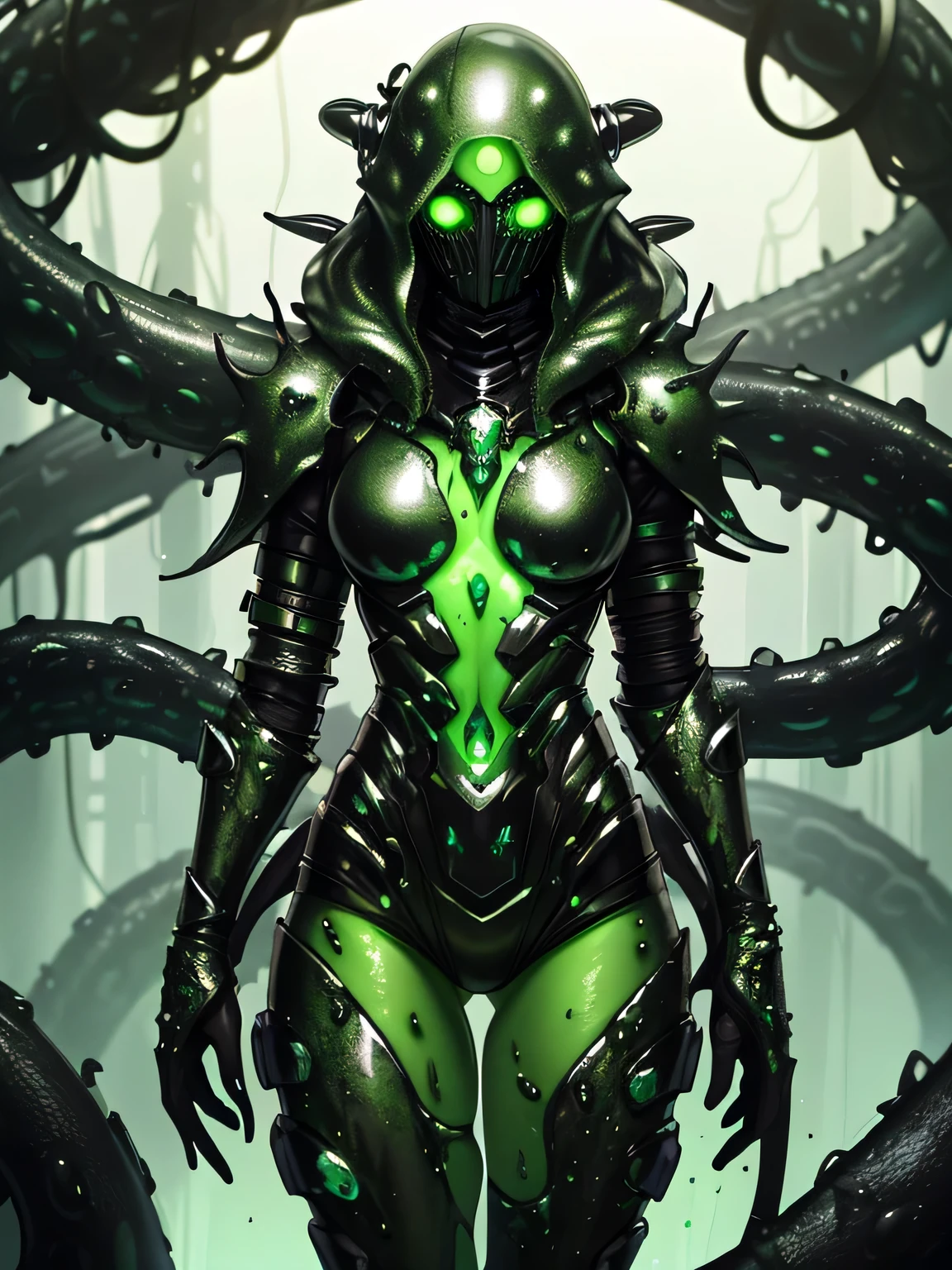 ((dark tentacle in biopunk style)), ((horror tentacles)), Slimy girl, mucous skin, green mucous skin, green skin, basinet, iron shoulders, metal bib, (cold light), black oil liquids, Dark Fantasy, very detailed art, very detailed background