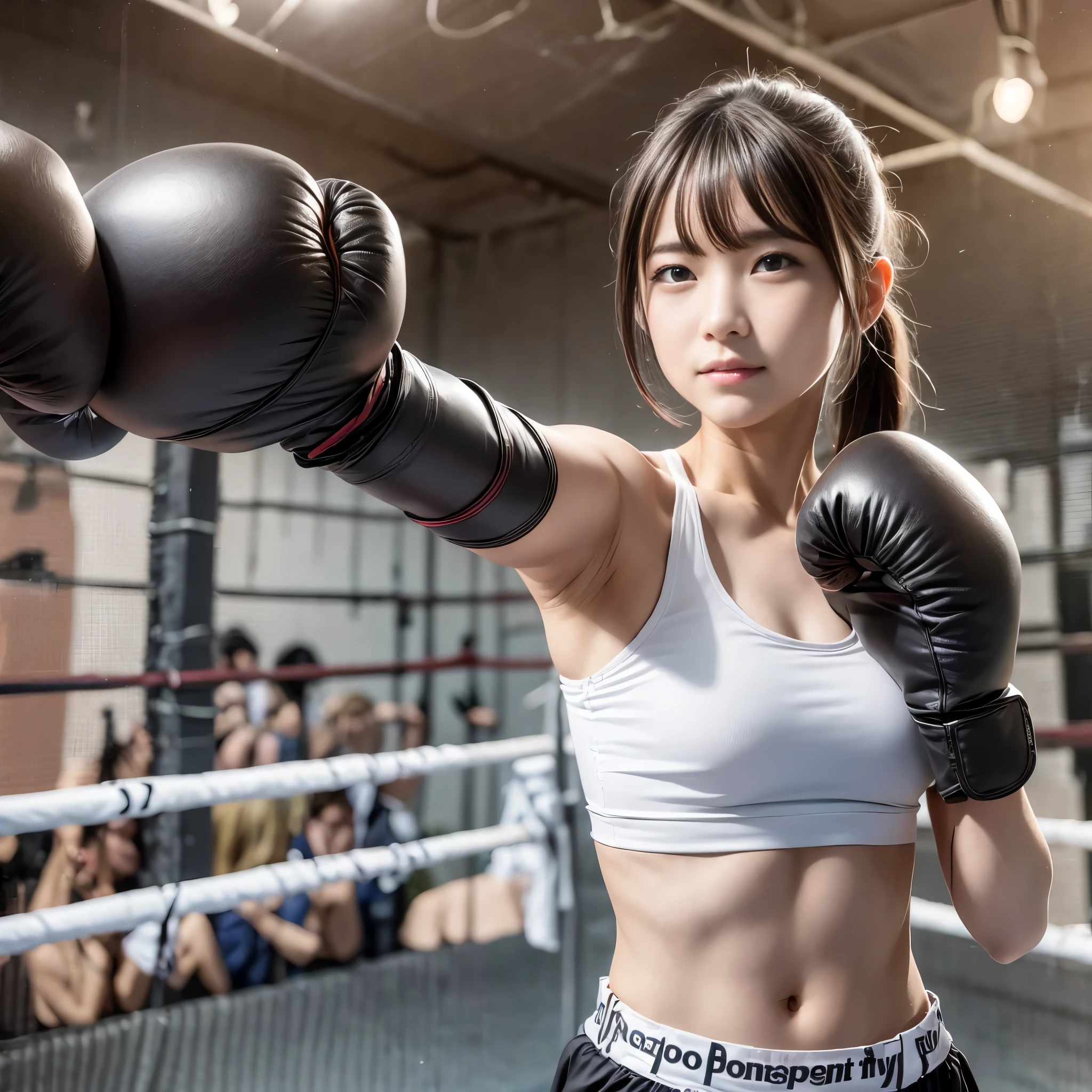 (RAW photo:1.2), (realistic), beautiful detailed girl, very detailed eyes and face, beautiful and detailed eyes, huge file size, High resolution, very detailed, highest quality, [table top:1.6], shape, very detailed, small details, highest quality, 8k wallpaper, movie lighting,15 year old , High school girl in the boxing club, In underwearボクシングをする,  In underwear, boxing gloves, On the ring, standing position, ponytail, slender body, white bra is visible,You can see her white frilly panties, calm expression, slender body, young face, immature body, Exposed underwear, boxing match